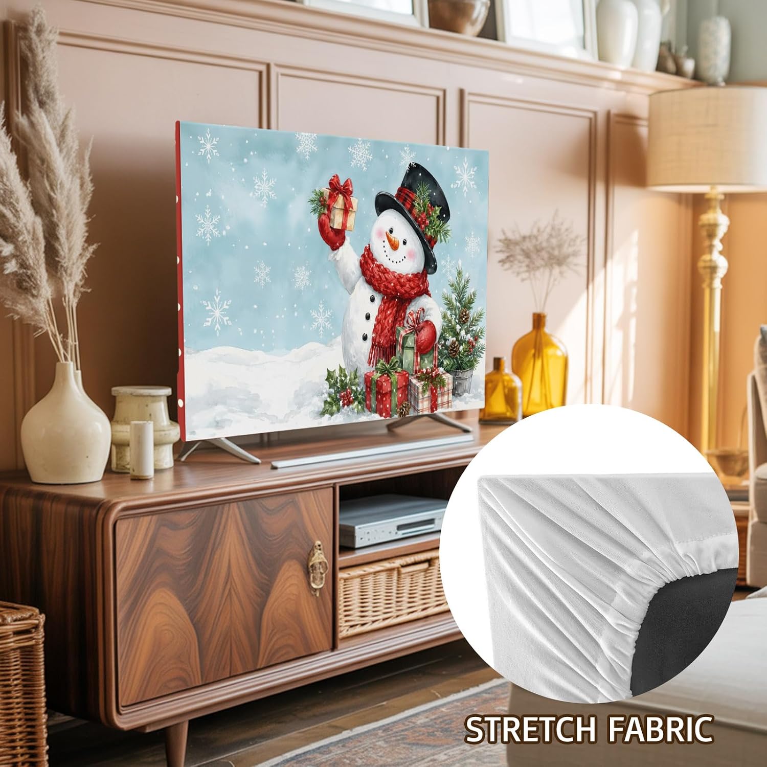 50 Inch TV Cover Indoor, Teal Christmasproof Elastic Television Screen Protector, Xmas Tree Snowman Snowflake Berry Gifts Red Stretch TV Cover for Flat Curved Smart TVs LED LCD OLED Monitor image 4