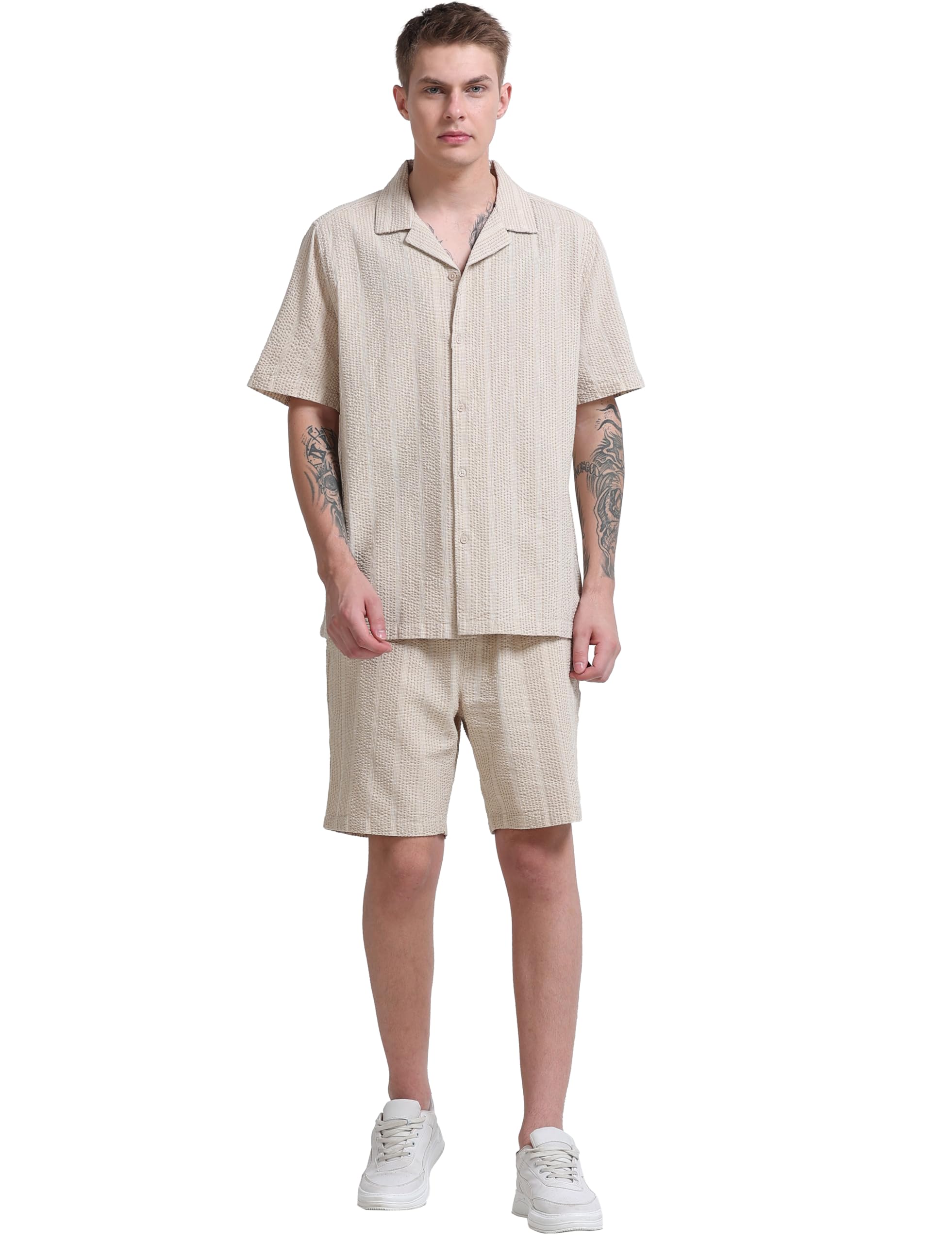 stitchx Men’s Airport Look Textured Seersucker Resort Cotton Shirt & Shorts Co-Ord Set S-2XL-picture-18
