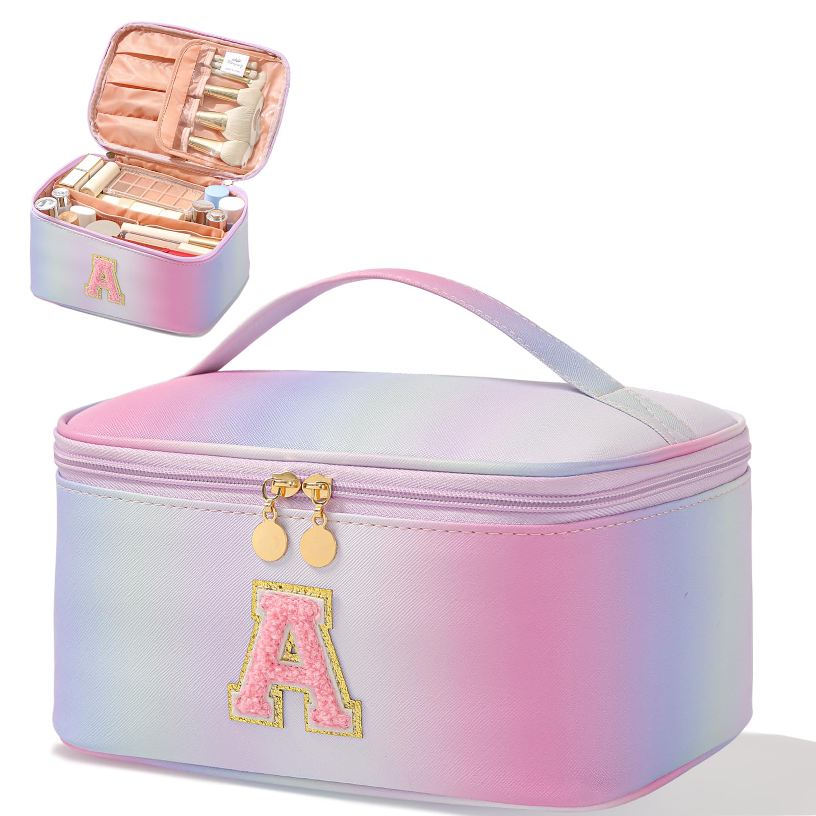 Meiyuuo Large Makeup Bag Portable Preppy Rainbow Colour Travel Pro Cosmetic Pouch Cute Cow Print Personalized Toiletry Organizer with Removable