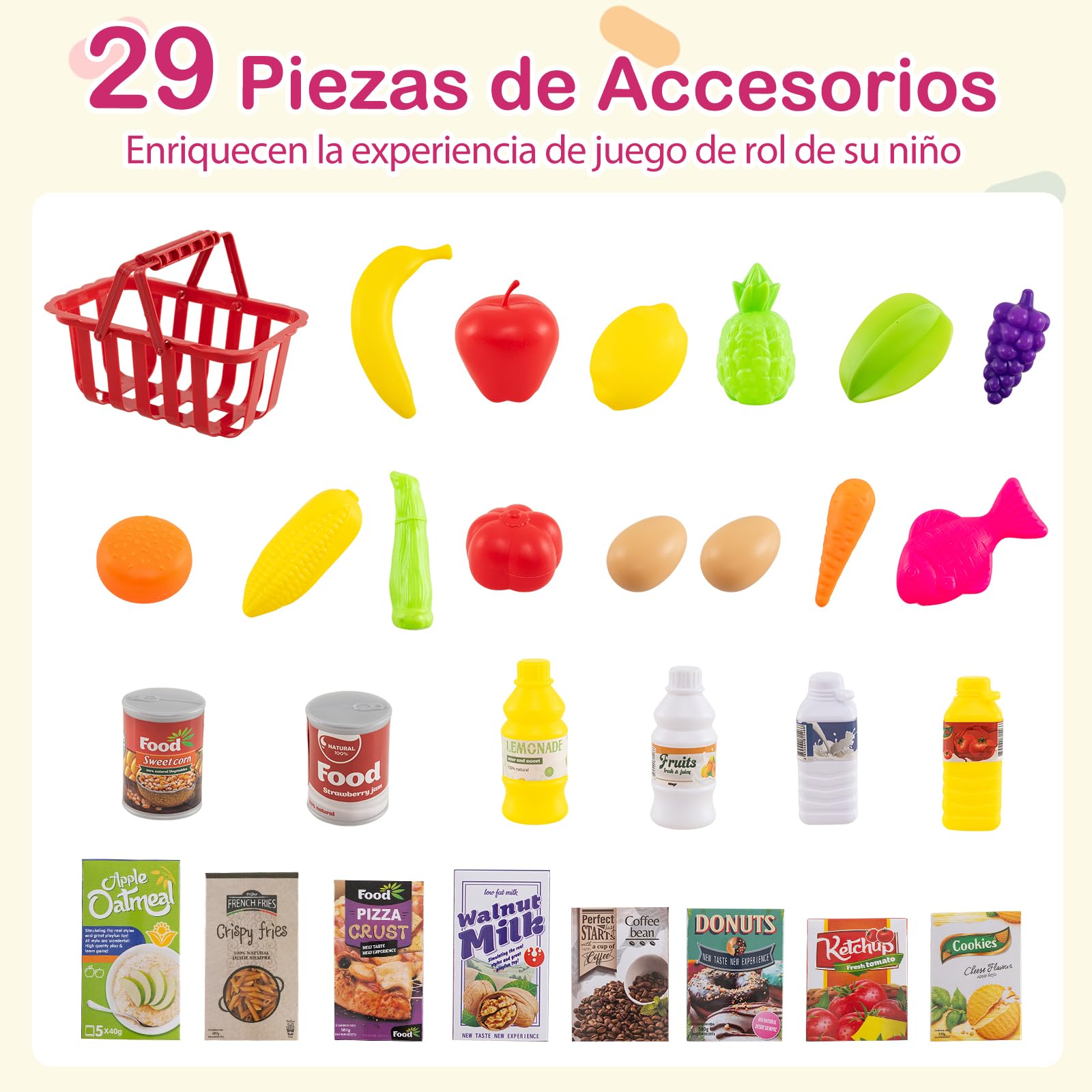 GOPLUS Supermercado para Niños con Mostrador, Carrito de Compras y Cesta, Balanza Simulada, Caja Registradora con Luz y Sonido, Supermercado de Juguete con 76 Accesorios para 3+ Años (Rosa)