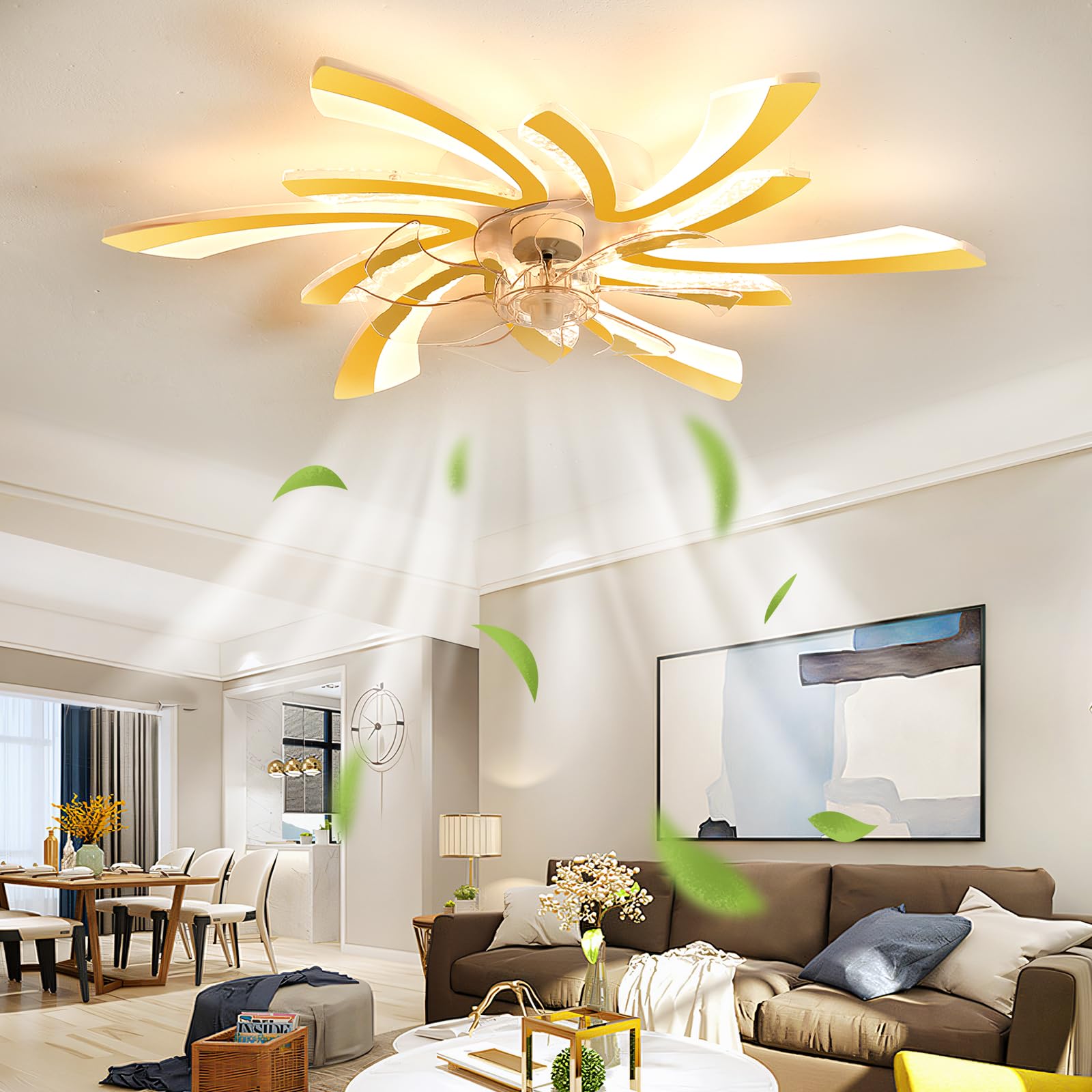 SXDMOUBK Modern LED Ceiling Fans with Lights Dimmable Silent DC Fan Light Ceiling Reversible Timer Bedroom Living Room Ceiling Fans with Lamps Smart Remote Control APP-Glod