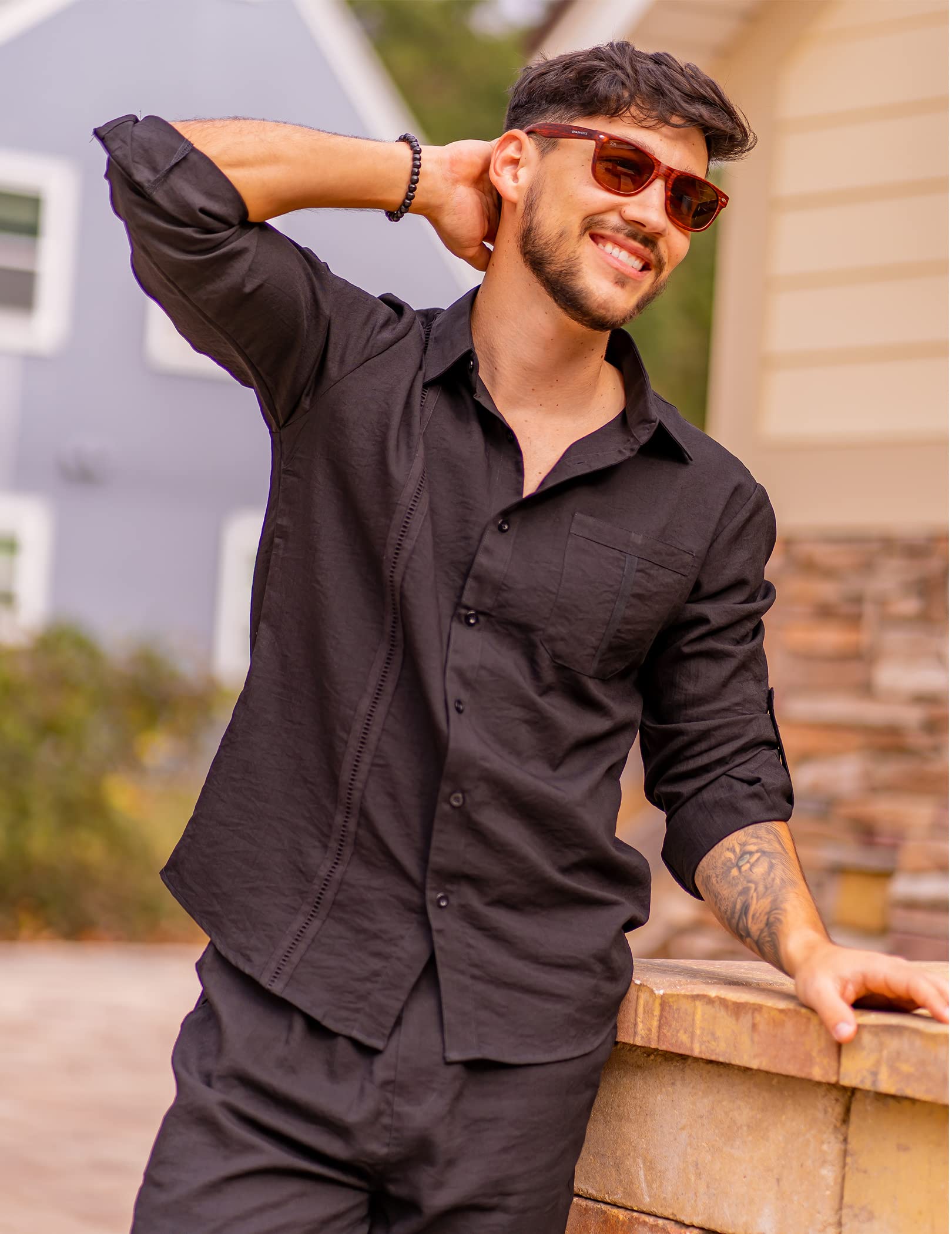 COOFANDY Herren-Leinen-Set, 2-teilig, langärmelig, Knopfleiste, kubanisches Hemd und Hose, Set für Sommer, Strand, Outfit