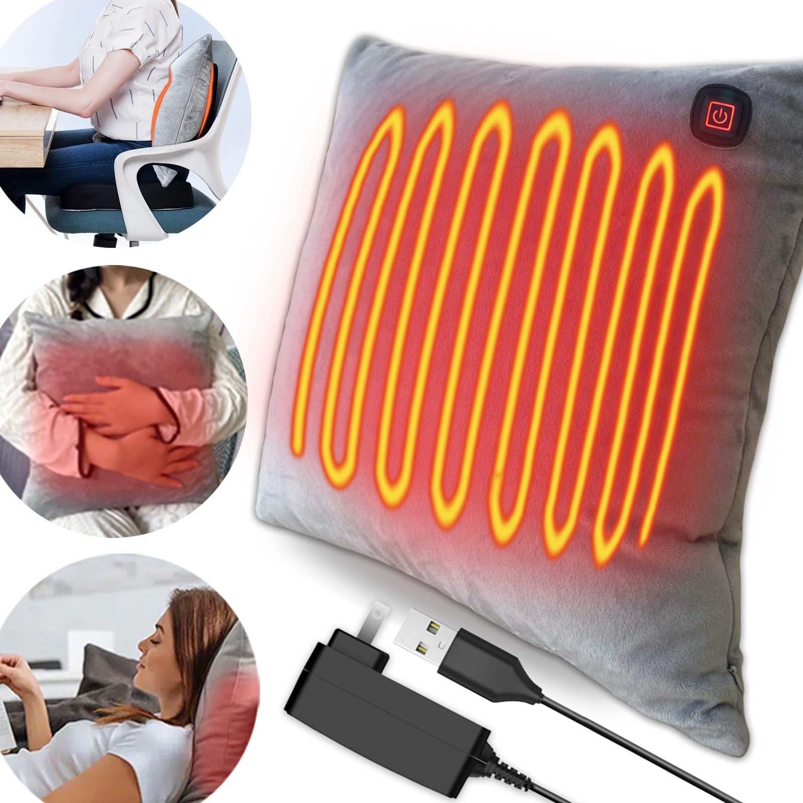 Heating Lumbar Support Pillow for Office Chair,Couch and Bed,3 Heat Settings,USB and Socket Dual Use,Heated Pillow for Relief Fatigue, Improve Sleeping and Sitting Posture（NO Insert）