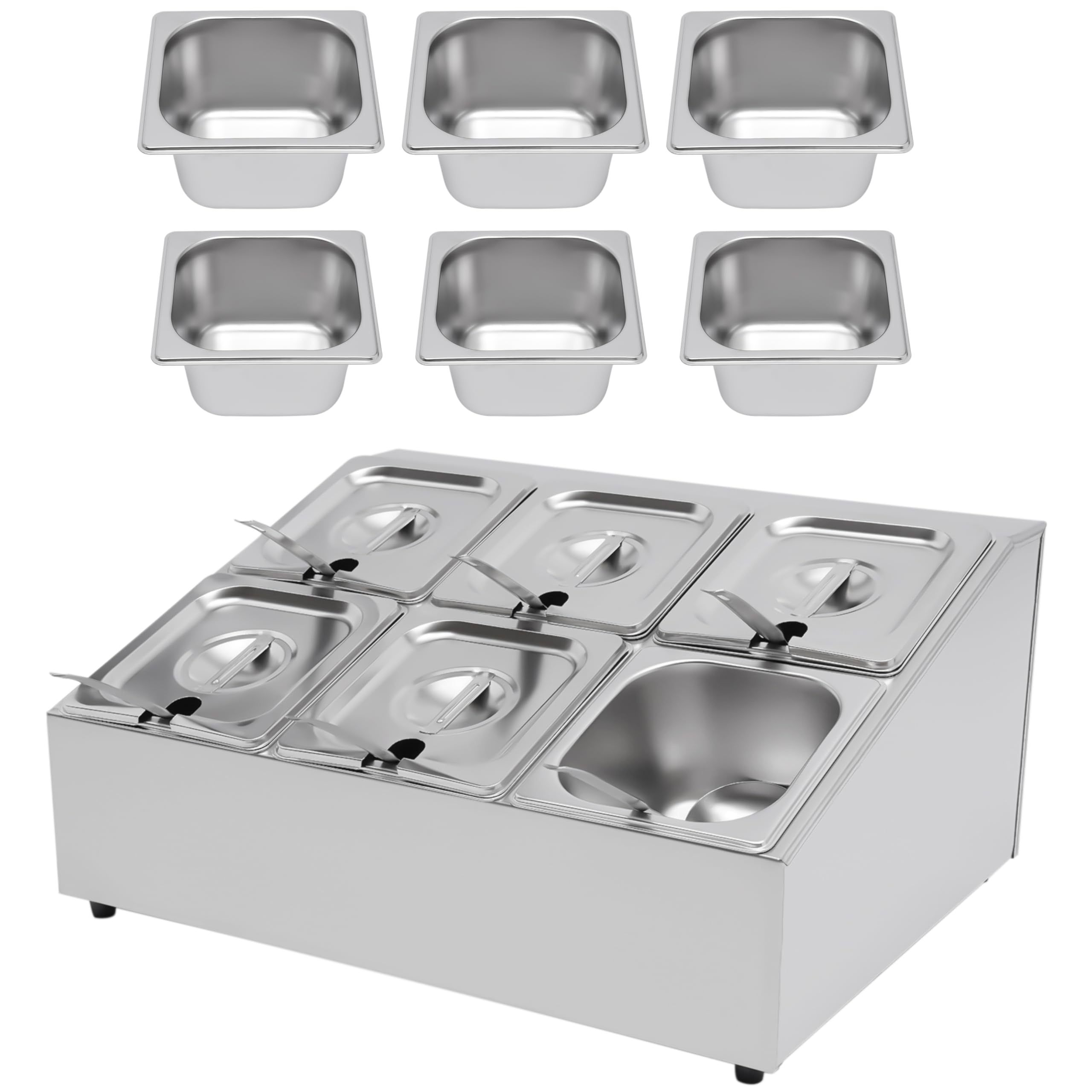 Pizza Topping Station Organizer, Condiment Container Dispenser with 8 Pans & Lids, Stainless Steel Ingredients Food Container Countertop Spice Rack Shelf Holder for Seasoning(Silver Contemporary)