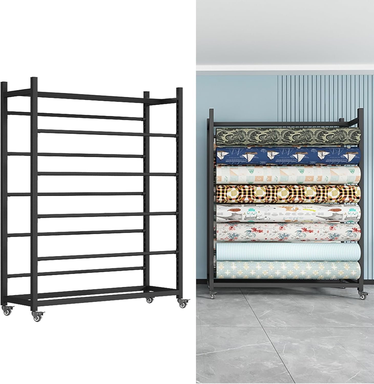 Adjustable Commercial Fabric Roll Display Rack th Wheels, Heavy Duty Metal Organizer Shelf for Vinyl Rolls & Car Wraps - 14 Rods, 200x50x200cm