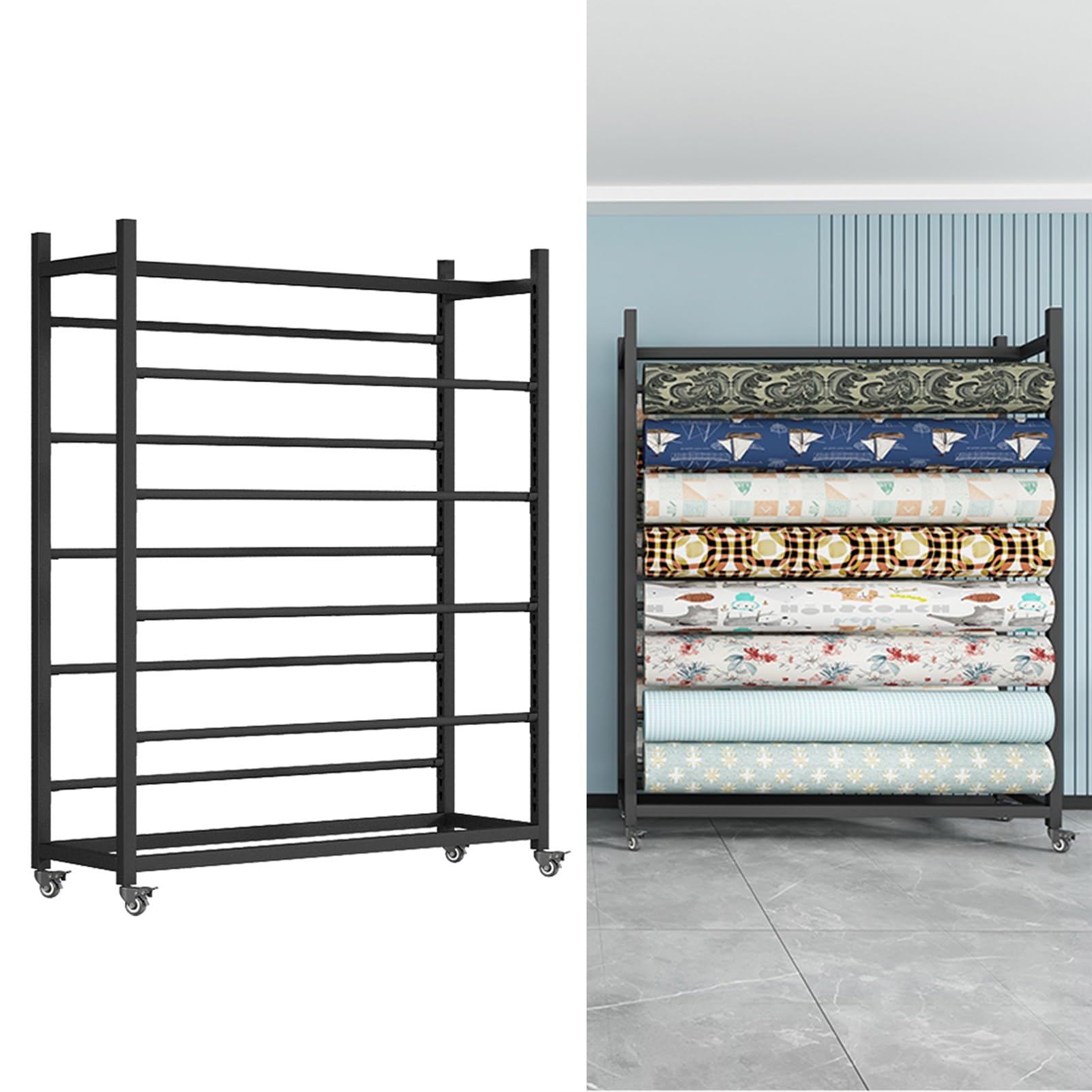 Commercial Fabric Roll Display Rack with Adjustable Hanging Rod, Movable Heavy Duty Metal Organizer Shelf with Wheels for Vinyl Rolls/Car Color Change Film/Tablecloth/Wrapper, Black(16 rods,180x50x200