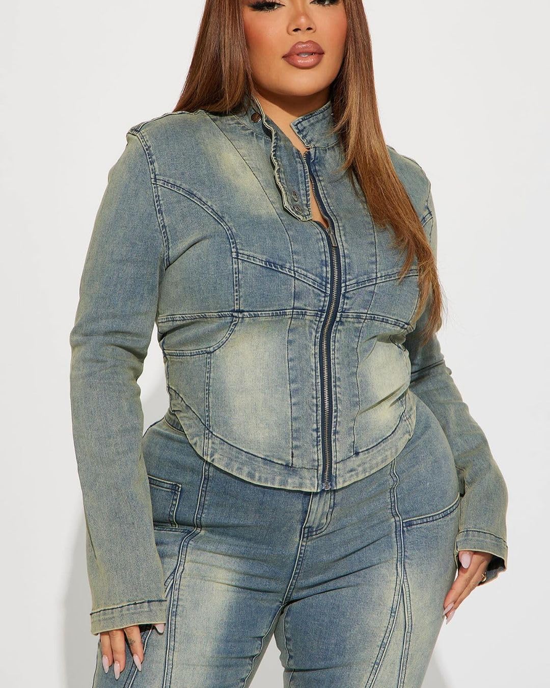 Women's Denim 2 Piece Set Long Sleeve Cropped Jacket Bodycon Pant 2 piece Outfits Vintage Y2K Fall Tracksuit - Image 4
