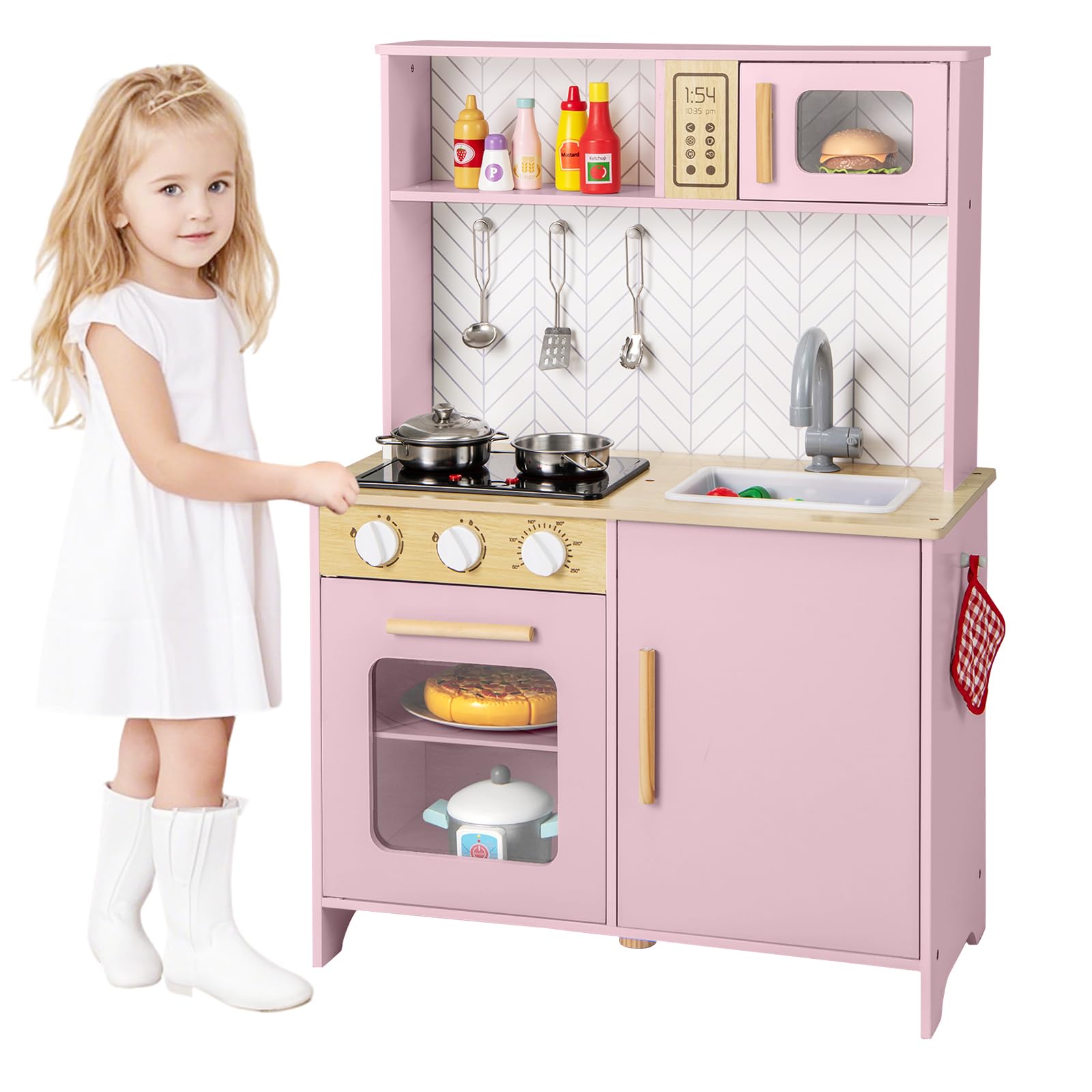 DREAMADE Cuisine Enfants en Bois, Jouets de Cuisine pour Enfants avec Micro-Ondes, Four et Évier, Pieds et Poignées, Mini Cuisine avec Sons et Lumières, Idéale pour Les Enfants de 3+ Ans (Rose)