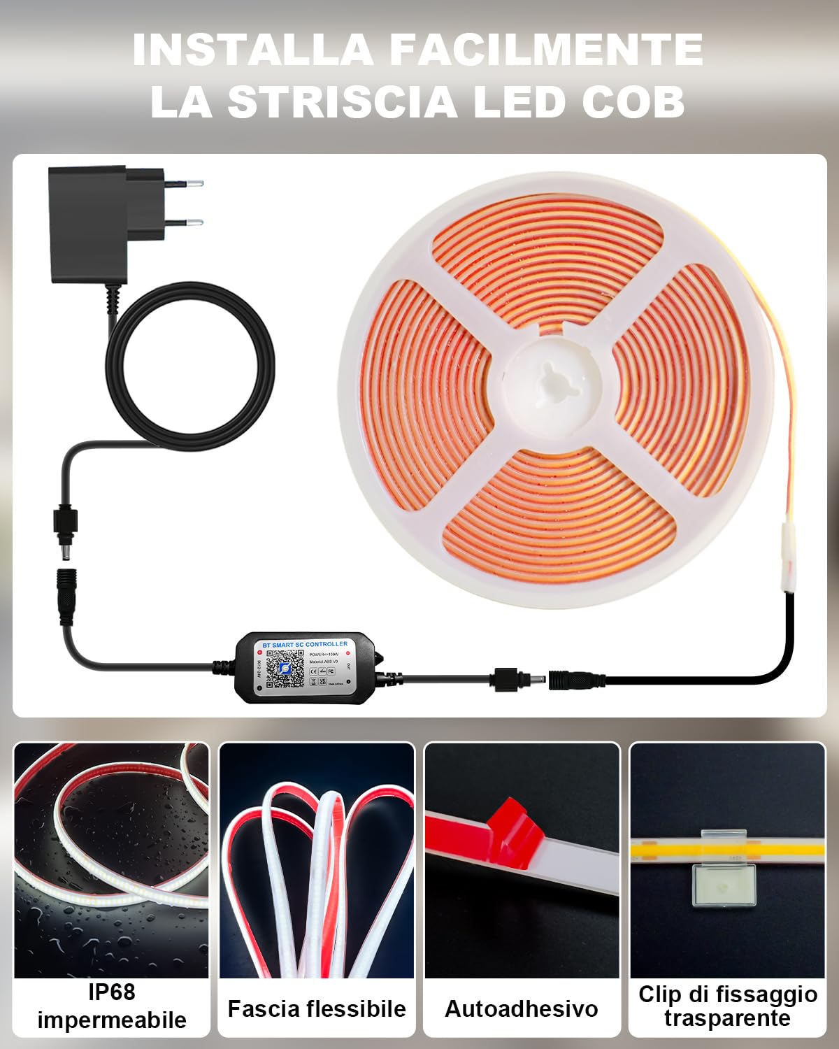 Gliztech 3M Striscia LED COB IP68 Impermeabile, Autoadesiva Striscia LED