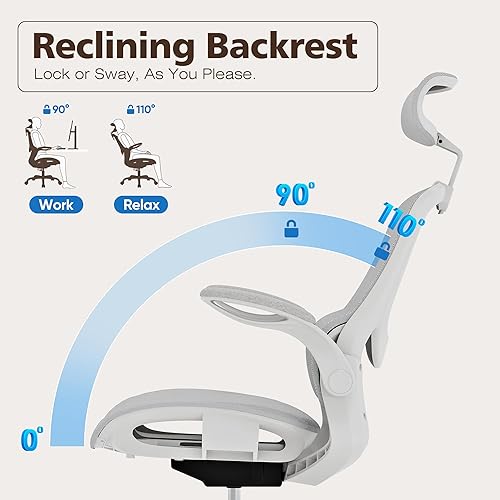 Miniatura 5 de GABRYLLY Silla de oficina ergonómica de malla, silla de escritorio blanca, reposabrazos abatible, reposacabezas ajustable, inclinable con asiento
