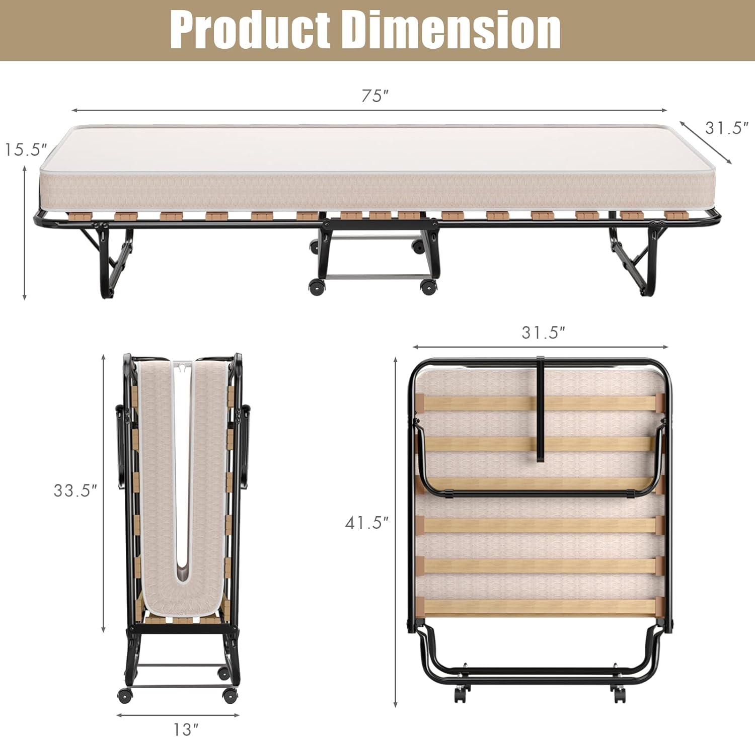 HAPPYGRILL Folding Bed with Memory Foam Mattress Fold Out Cot Size Rollaway Guest Bed with Sturdy Metal Wood Frame, 75 x 31.5 Inch