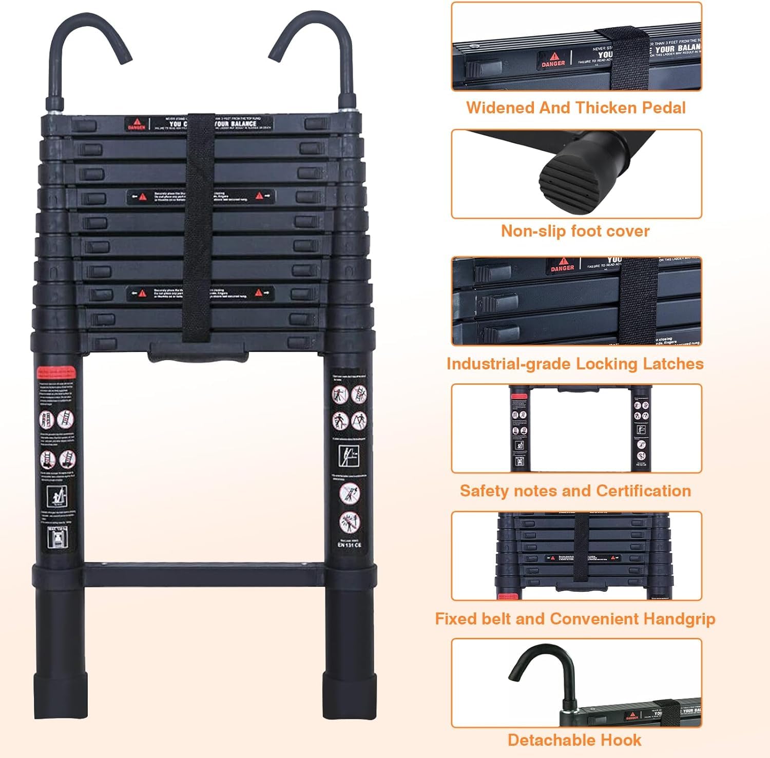 Teleskopleiter aus Aluminium, 3,5 m, Teleskopleiter mit 2 abnehmbaren Haken, 3,2 m Verlängerungsleiter, Mehrzweckleiter, schwarz, vollständig ausgezogen 320 cm, 150 kg Kapazität