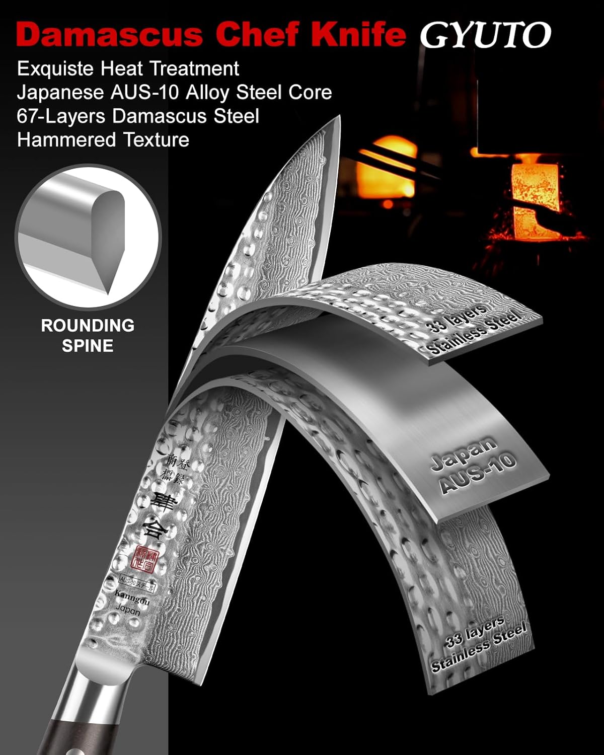 Japanese Chef Knife Kitchen Knife with 67 Layers Damascus Steel AUS-10 Core, Professional Damascus Knife with Full-Tang Ebony Wood Handle and Premium Gift Box (8.27 Inch Gyuto Chef Knife) - Image 3