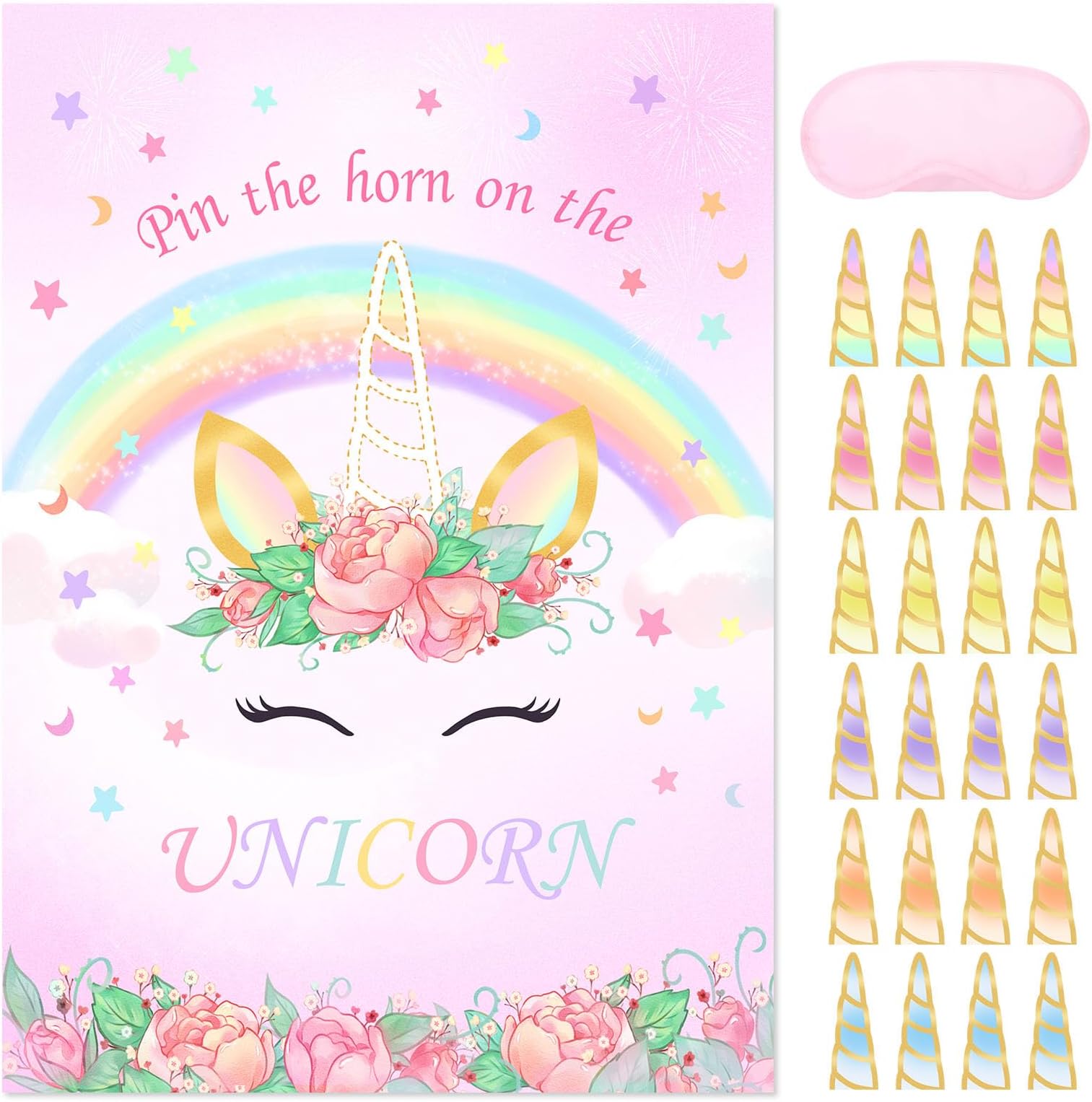Pin The Tail on The Unicorn Game - Unicorn Birthday Party Games for Girls Unicorn Party Supplies with 24 PCs Horn Stickers and 20' x 28' Unicorn Poster