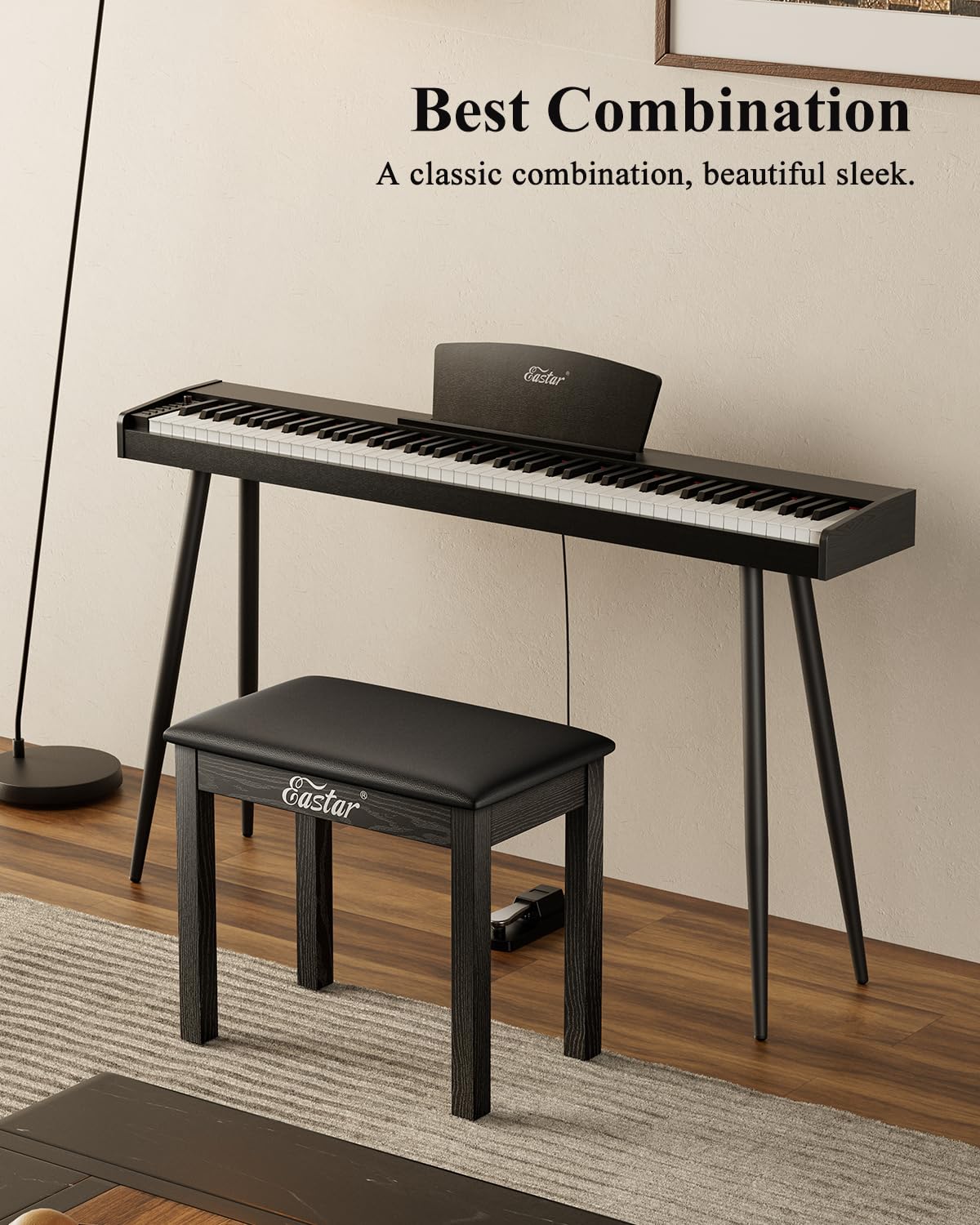 Eastar Banco para Piano con Almacenamiento, Banco de Madera Maciza para Teclado, Taburete para Piano con librería y cojín de Cuero sintético, 53x33x47cm, Negro