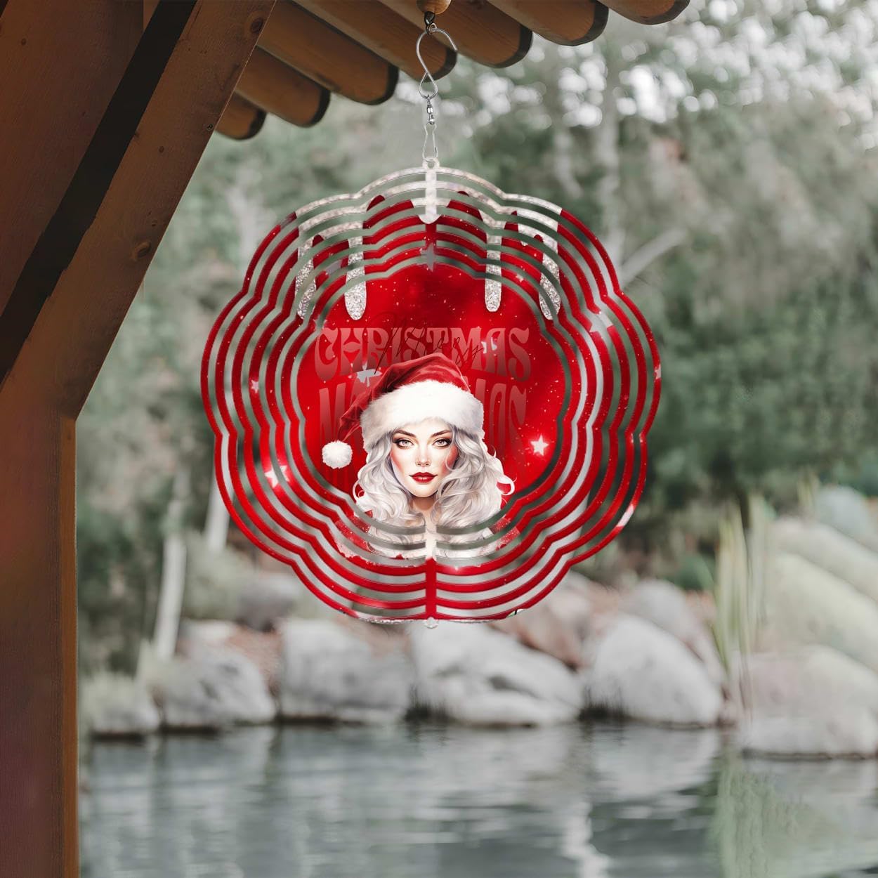 Beautiful Girl Merry Christmas Wind Spinners 3D Stainless Steel Laser Cut Metal Double Sided Printing-Hanging Indoor/Outdoor Decorations Yard Gardening Decor,Metal Kinetic Art 14x14 inches