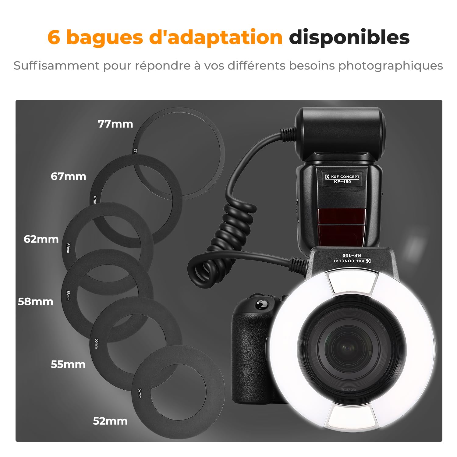 K&F CONCEPT Flash Annulaire TTL Macro pour Canon DSLR | Nombre guide 14, lumière assistance AF, bagues adaptation, photographie macro, GN14, LF01