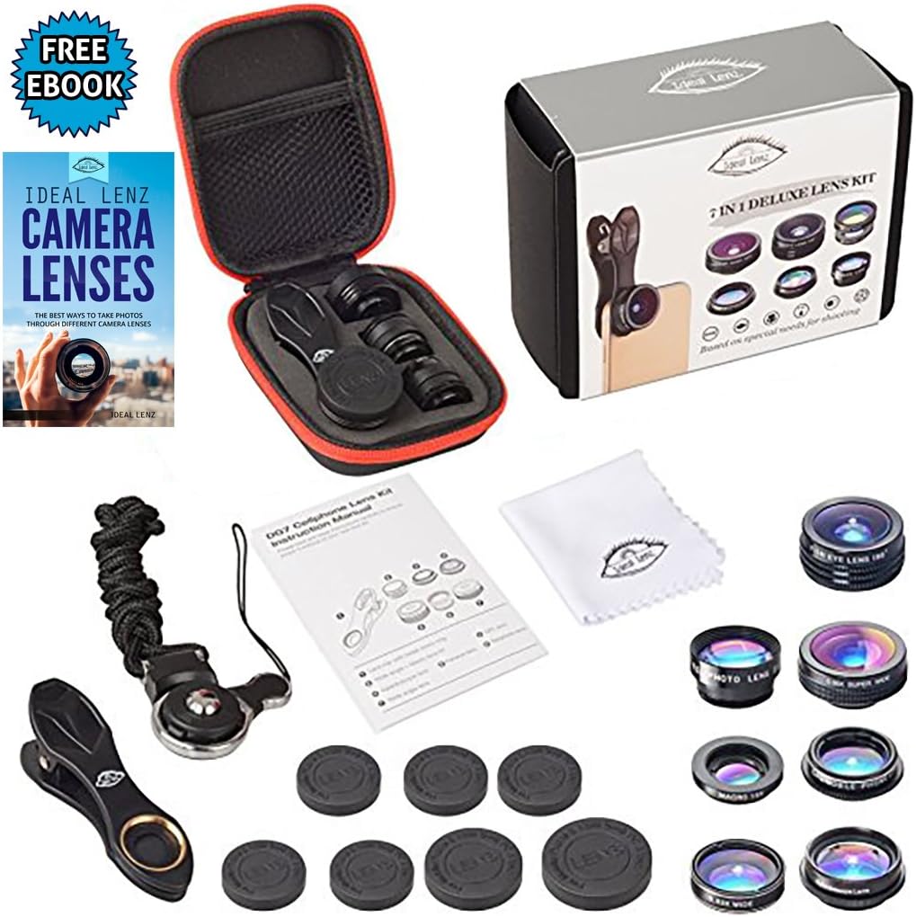 7 in 1 Clip On Camera Lens Kit by Ideal Lenz | Cell Phone Camera Kit for iPhone, Samsung Galaxy & Most Smartphones & Tablets | Telephoto, Fish Eye, Wide Angle, Macro, CPL, Kaleidoscope & X-Wide Lens