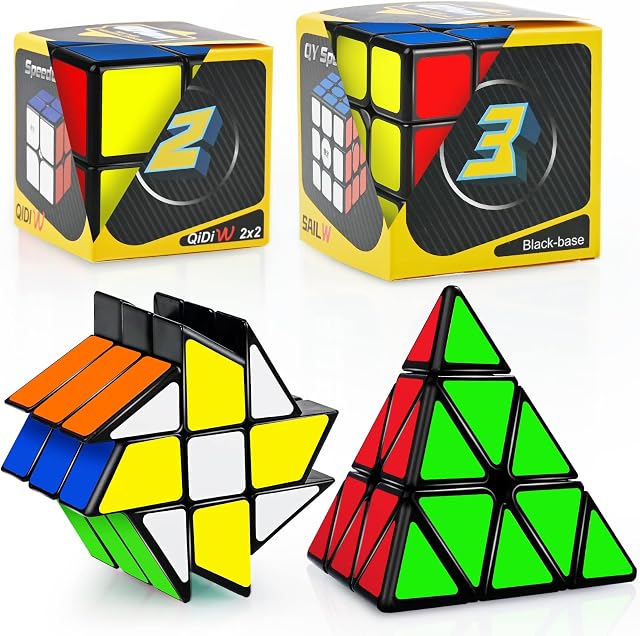 JQGO Magic Cube Set, 4 Pack Speed Magic Cube Set 2x2 3x3 Pyraminx Fenghuolun Cube, Easy Turning 3D Puzzle Cube Games Toy Gift for Kids Adults
