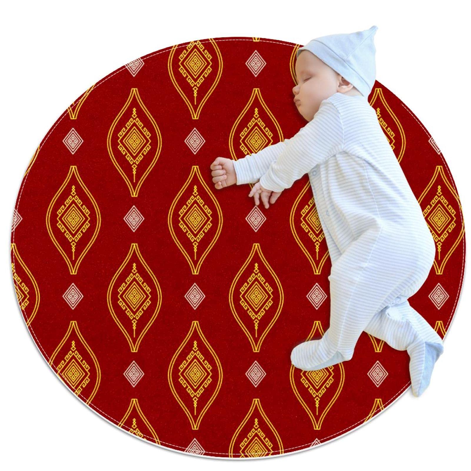 Tapis de salle de bain bohème rouge rond de 1m antidérapant