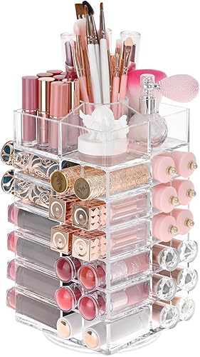 Ikee Design Organizador de lápiz labial con 53 ranuras, giratorio de 360 grados, organizador de brillo de labios acrílico para maquillaje,