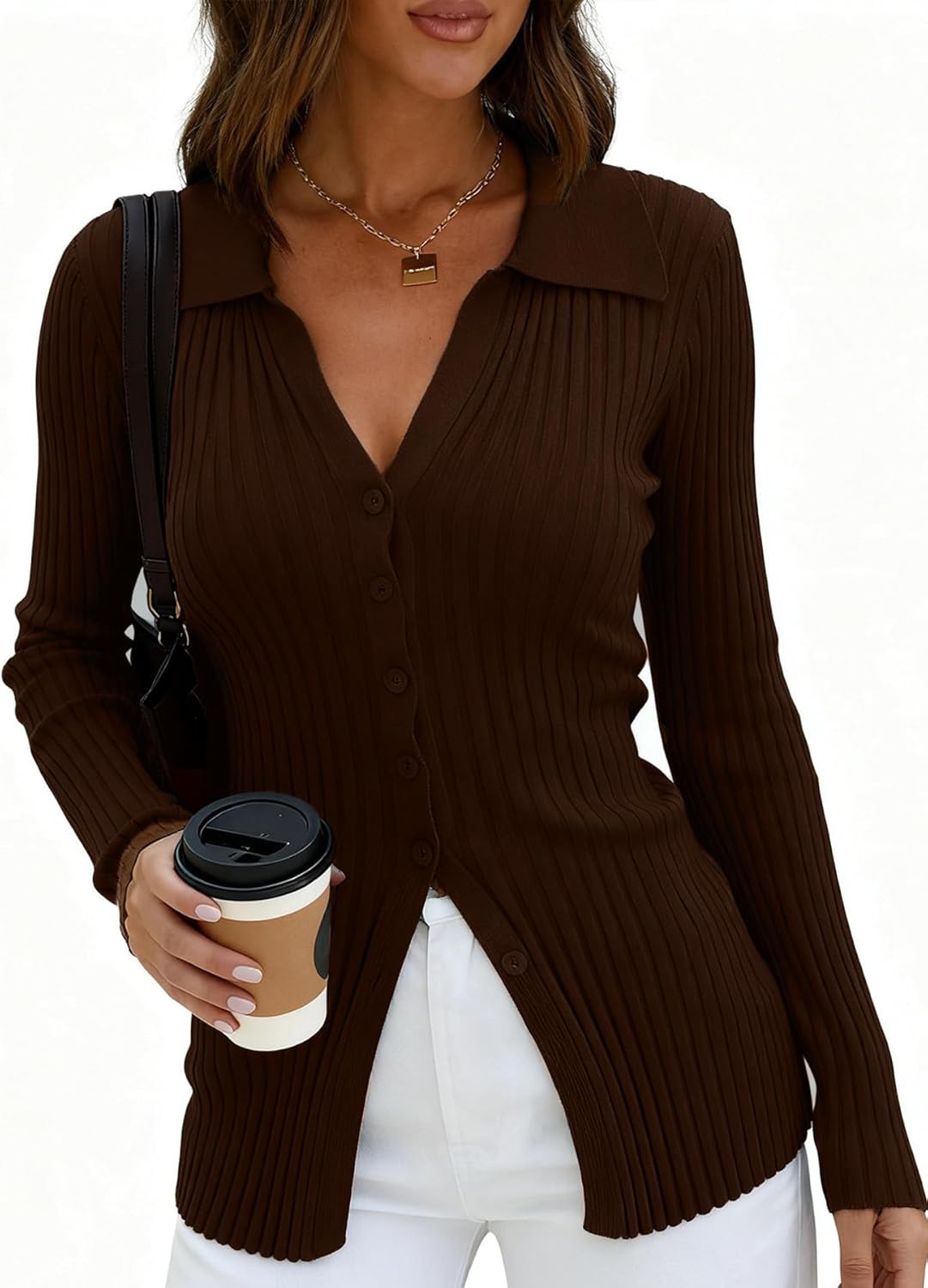 Dressmine Button Up Cardigan Sweaters for Women Long Sleeve Thick Work Sweater Cinched Waist Fitted Spring Clothes - Image 2