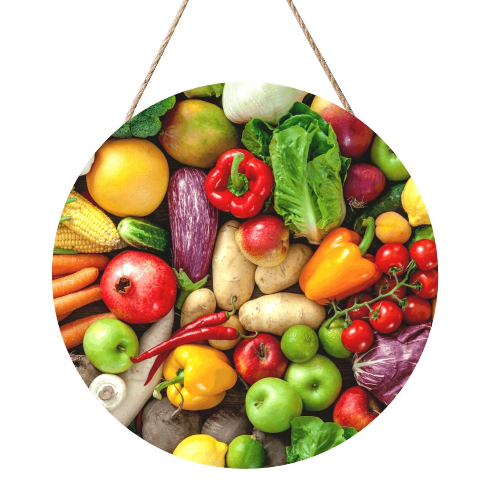 InOmak Fresh Fruits And Vegetables, Round Wood Panel Painting 12 in, Wall Hanging Painting For Home