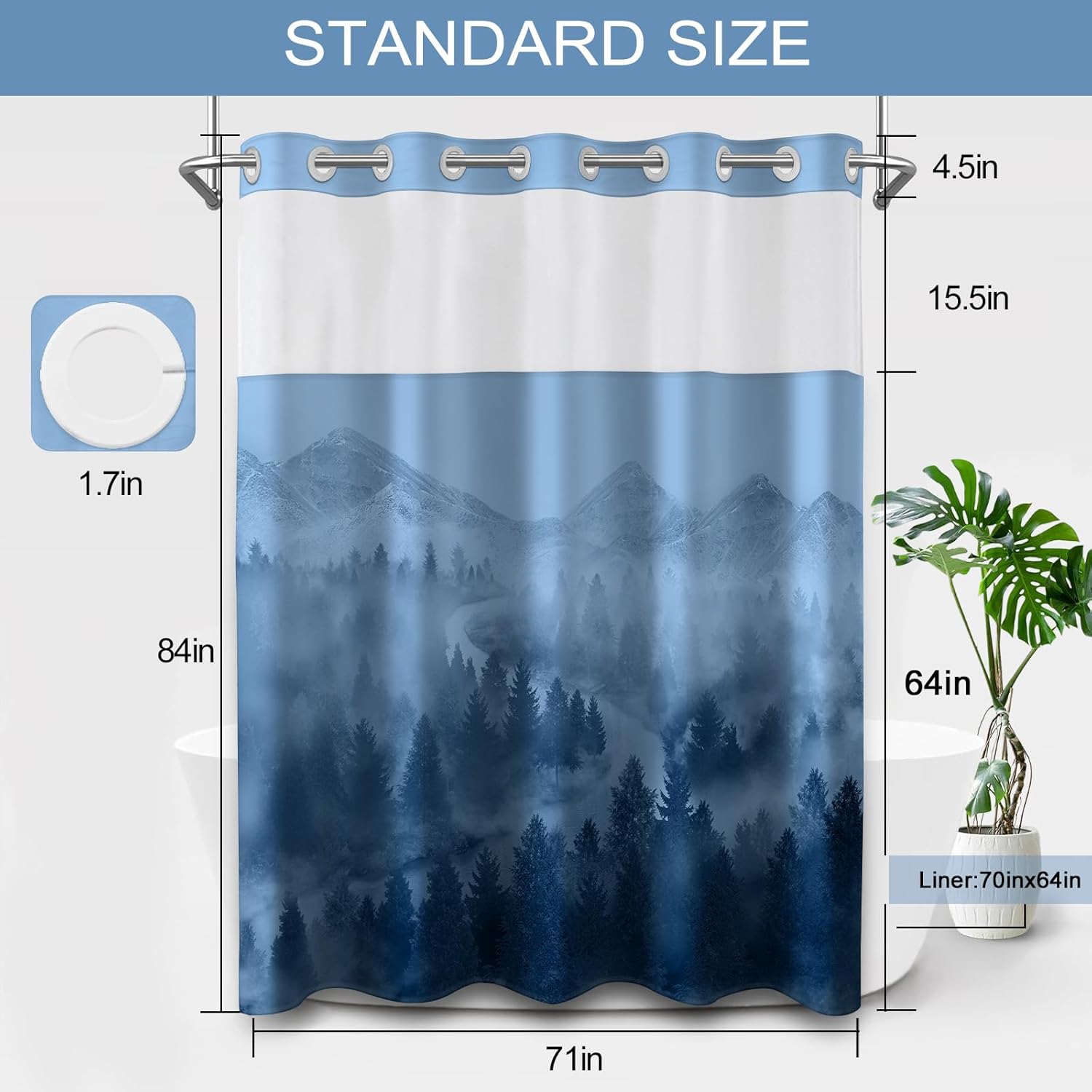 No Hook Shower Curtain with Snap in Liner Set, Blue Misty Forest Design, Waterproof Fabric Mountain Nature Shower Curtains for Bathroom with See Through Mesh Top Window 71x84 Inch