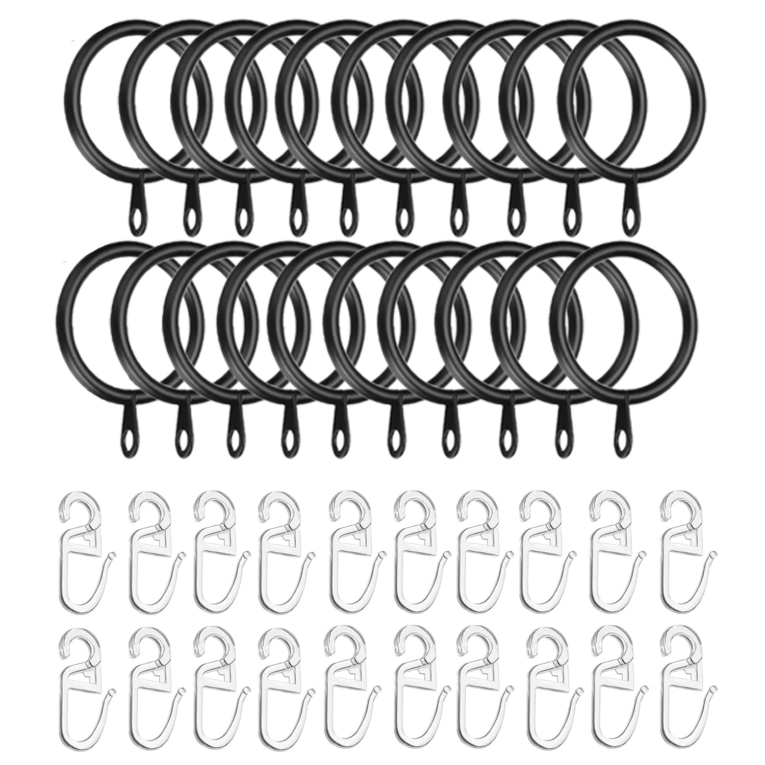 62 Anelli E 62 Ganci Per Tende In Metallo Nero - Diametro Anello 30 Mm, Fissaggio Per Tende, Porte E Doccia