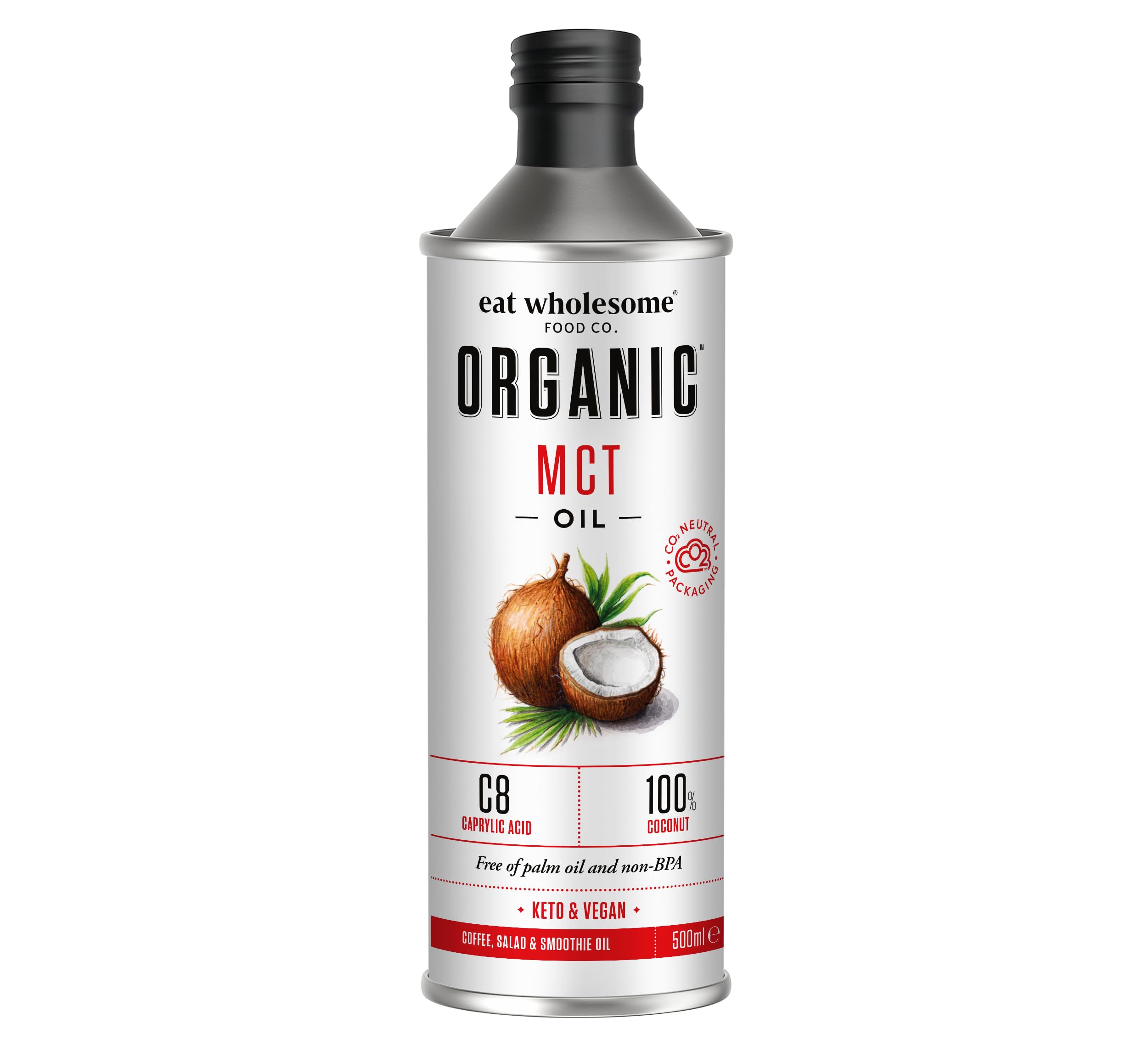 Eat Wholesome Organic MCT Oil, 500ml - High C8 and C10, 100 Percent Coconut, For Coffees, Salads and Smoothies, Keto and Vegan Friendly, CO2 Neutral Packaging