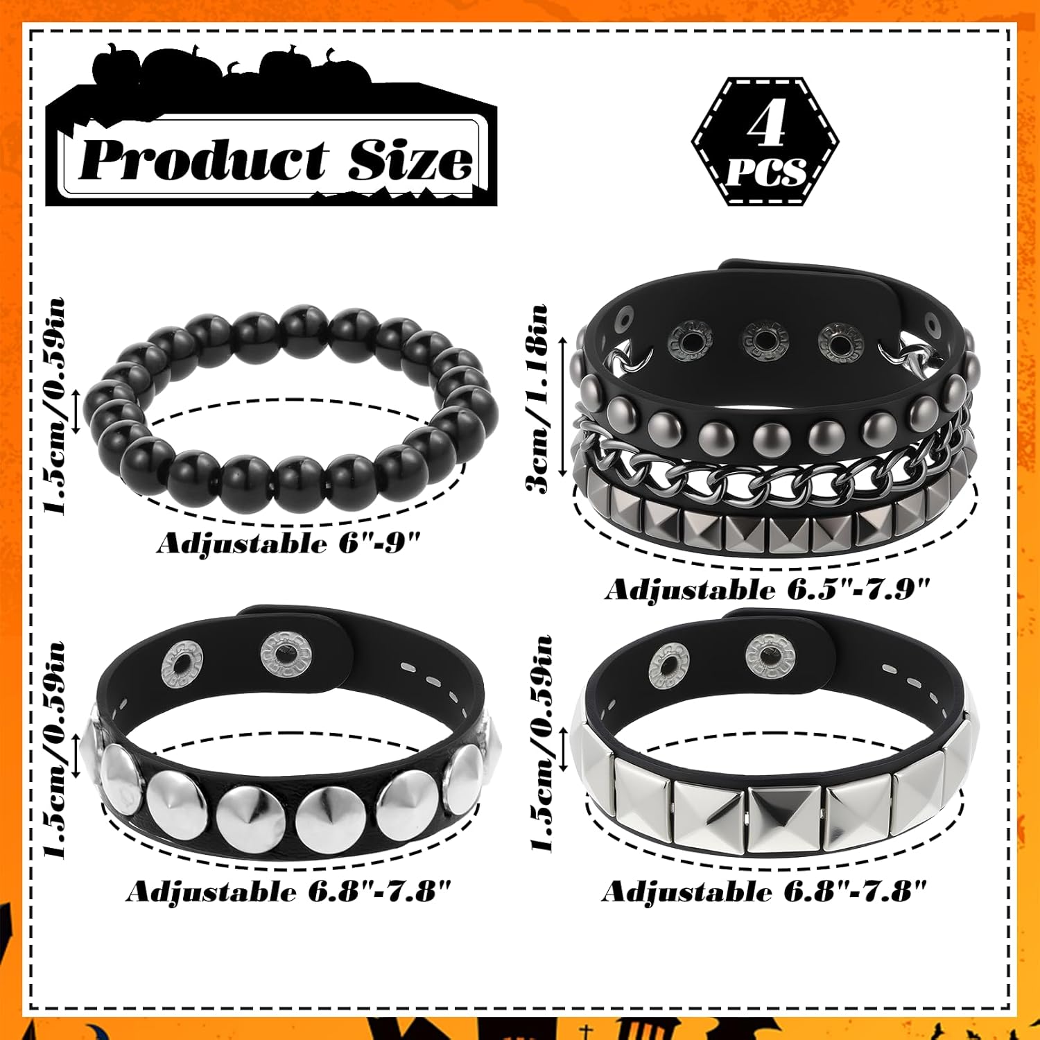 Vin Beauty 4 Pcs Leather Studded Bracelets for Men Women, Punk Leather Rock Studded Bracelets Emo Punk Rock Leathers Goth Jewelry for Vintage Outfits - Image 2