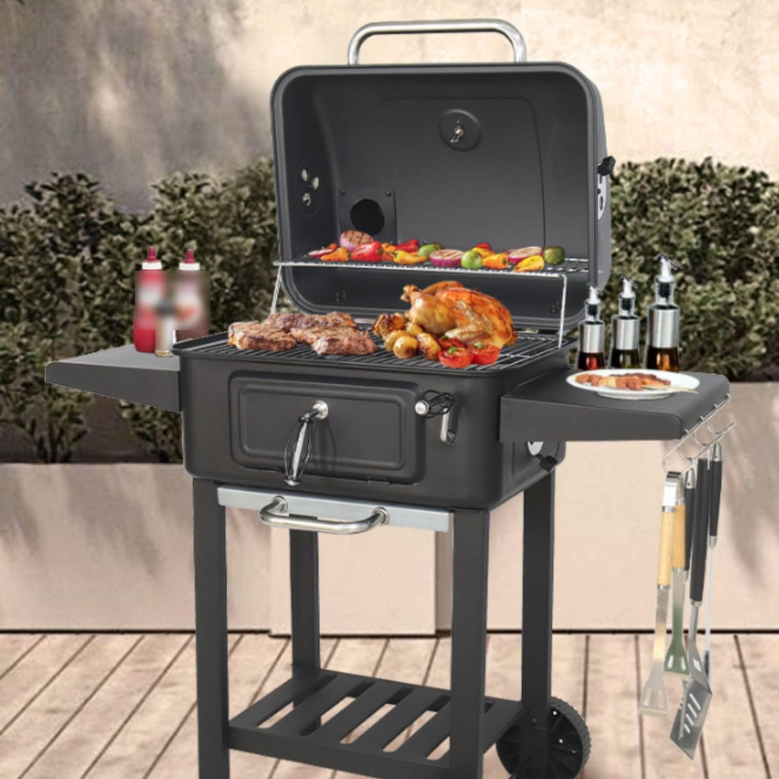 Barbecue con Coperchio Mobile Grill a Carbone con Ruote Ventilazione Regolabile Barbecue Ruote