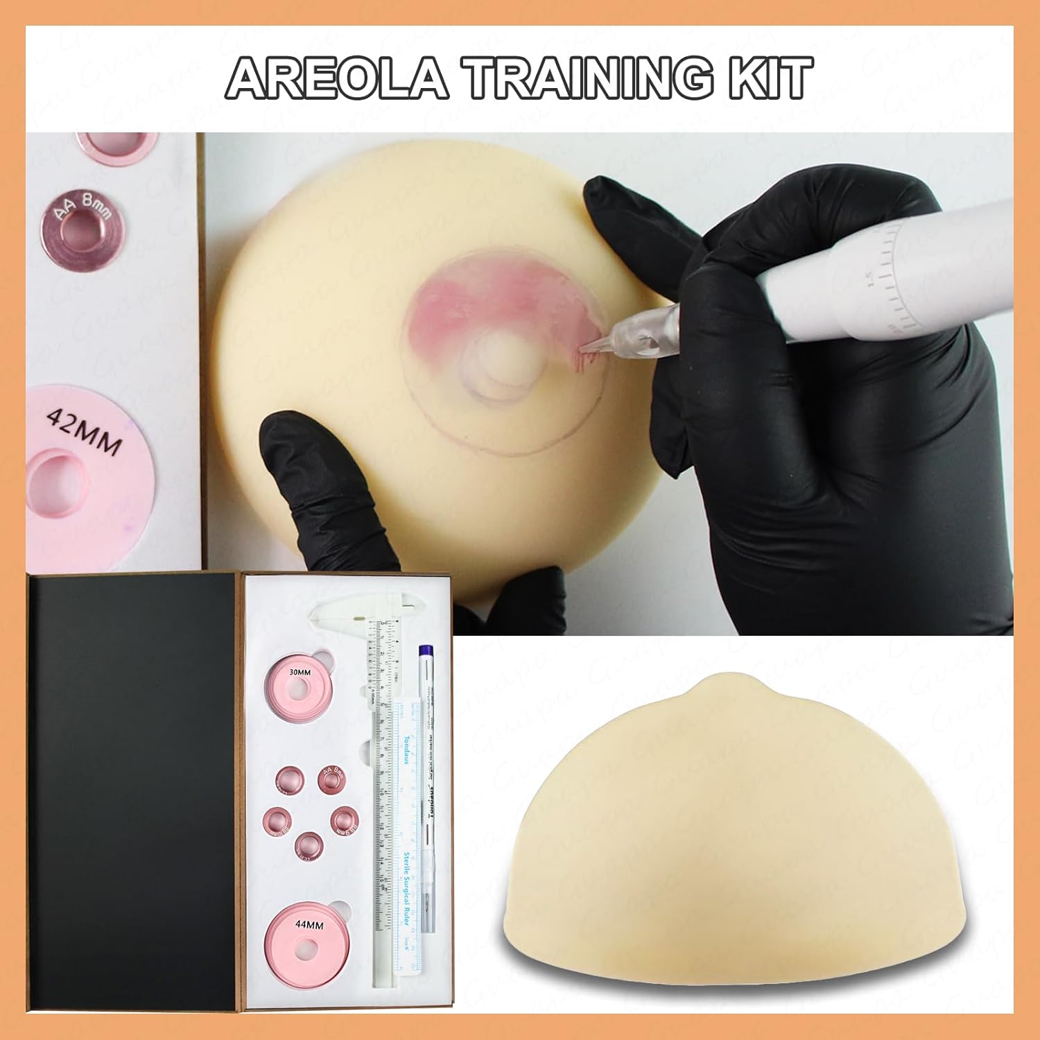 Guapa 3D Areola Tattoo Kit with Measurement - Precise Silicone Areola Sizes Metal Nipple Stencils Caliper, Marker Pen, and 2pcs 3D Areola Skin for 3D Nipple Areola Tattoo Training (Kit 1)