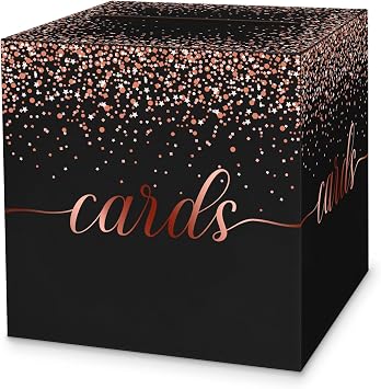 1 Pack Black and Rose Gold Card Box, 8.7" Square Elegant Polka Dot Party Card Box for Birthday, Wedding, Baby Shower, Retirement, Anniversary, Bridal Shower, Raffle Ticket