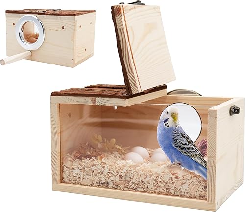 Oooct Caja nido de periquitos, nido de pájaros con perca, casa de loro de madera natural para jaula, caja de cría de periquitos transparente,