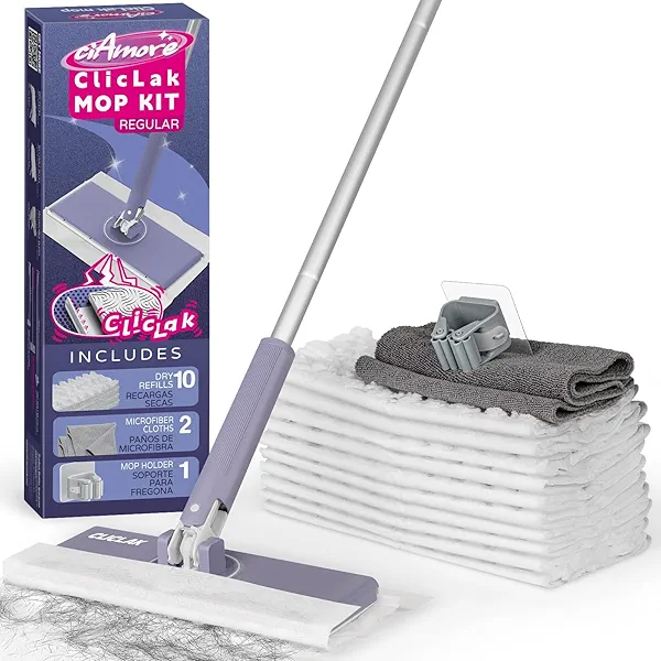 Sweeper Mop, Touch-Free Attach & Remove Cloth Instantly, Compatible with Swiffer Pads, Clamp Clip Dust Mop for Kitchen House | Dorm | Classroom Wood Hardwood Floor Wall Cleaning, Rugular Size 50 inch