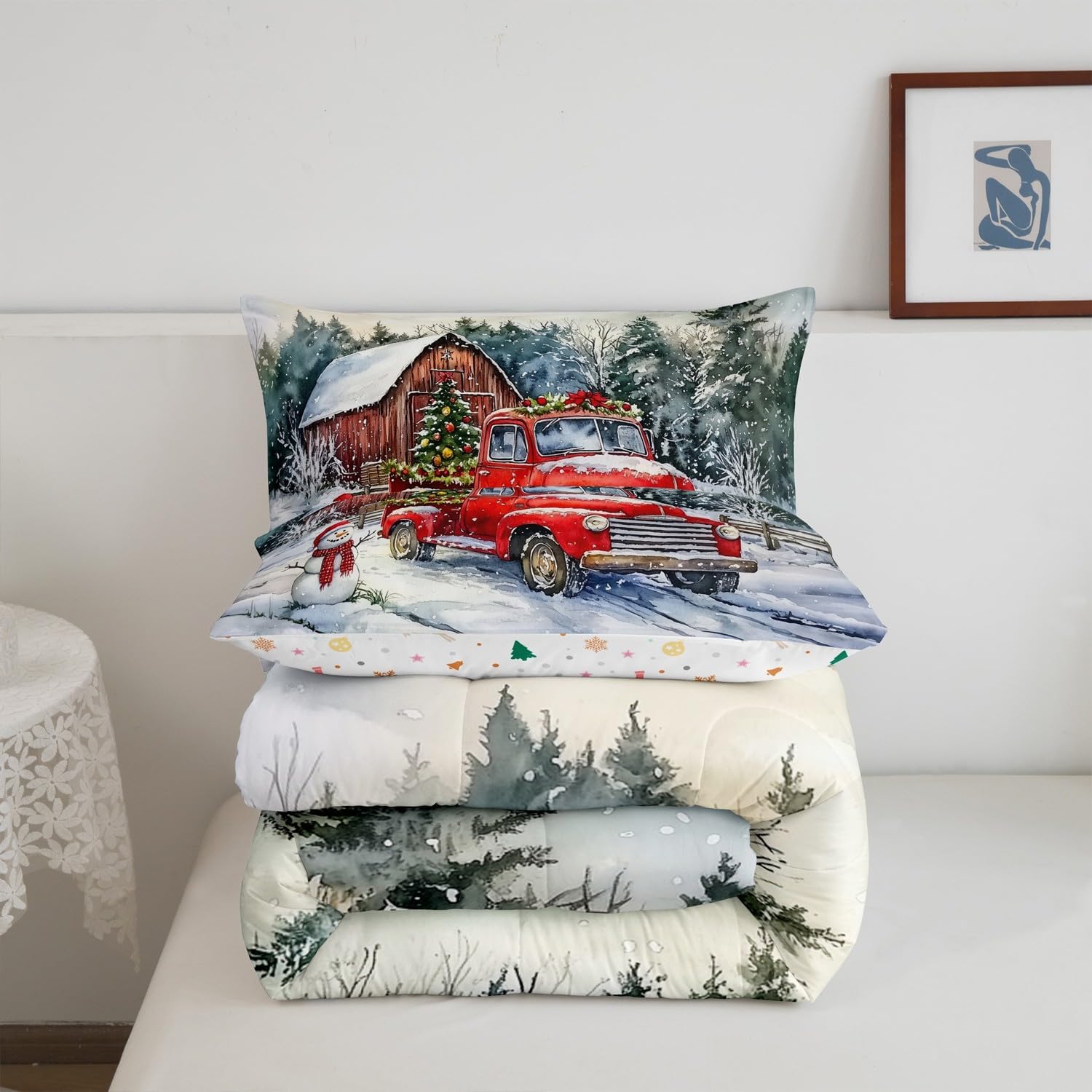 Castle Fairy Winter House 3 Pcs King Size Comforter Set,Merry Christmas Down Alternative Adults Bedroom Decor,Ice Scenery Snowman Ultra Soft Microfiber Inner Fill 3 Pcs Bedding
