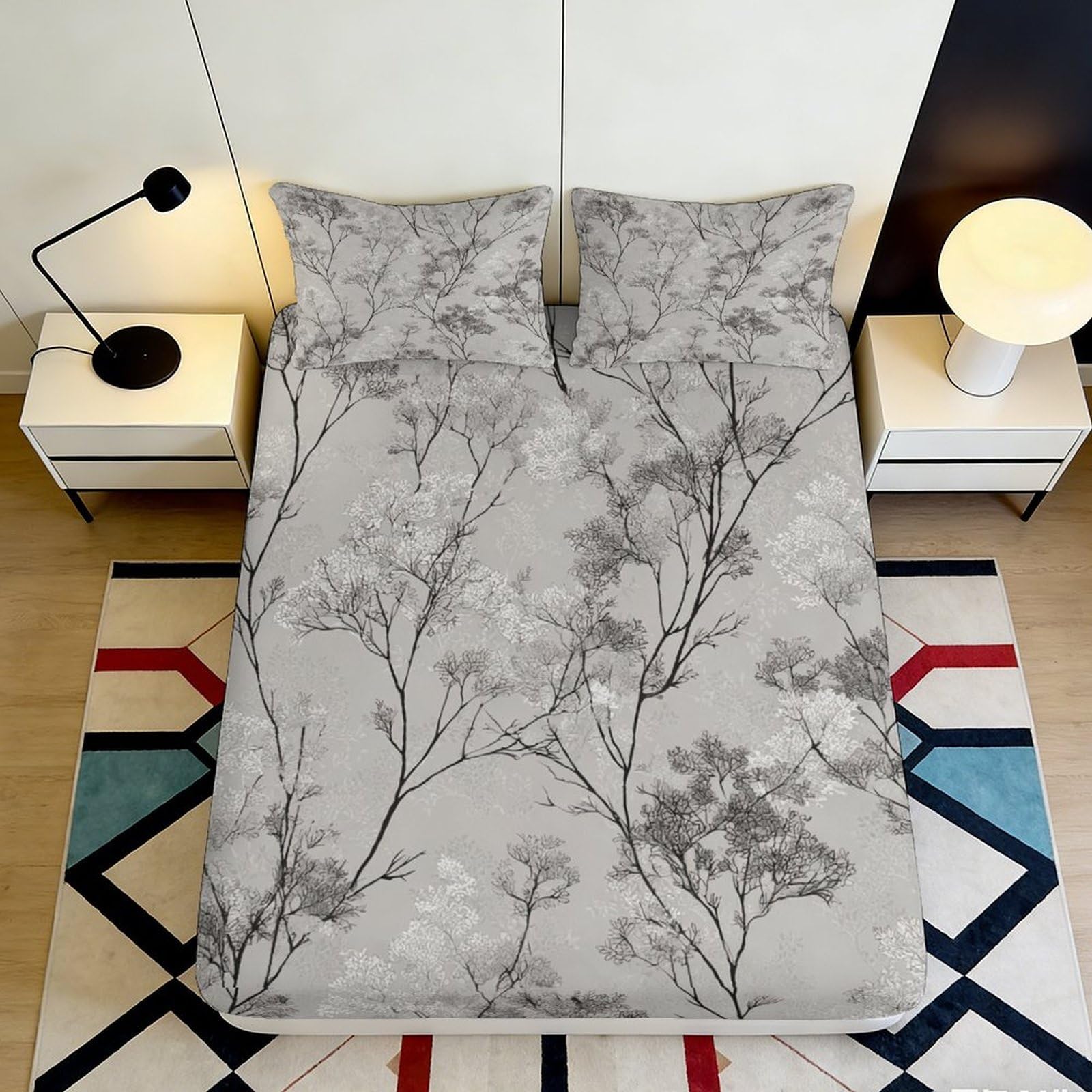 3D Printed Grey Tree Pattern Fitted Sheet Microfiber Soft Durable Branch Design Mattress Cover for Bedroom Guest Room Dormitory Protection 200x200x25cm