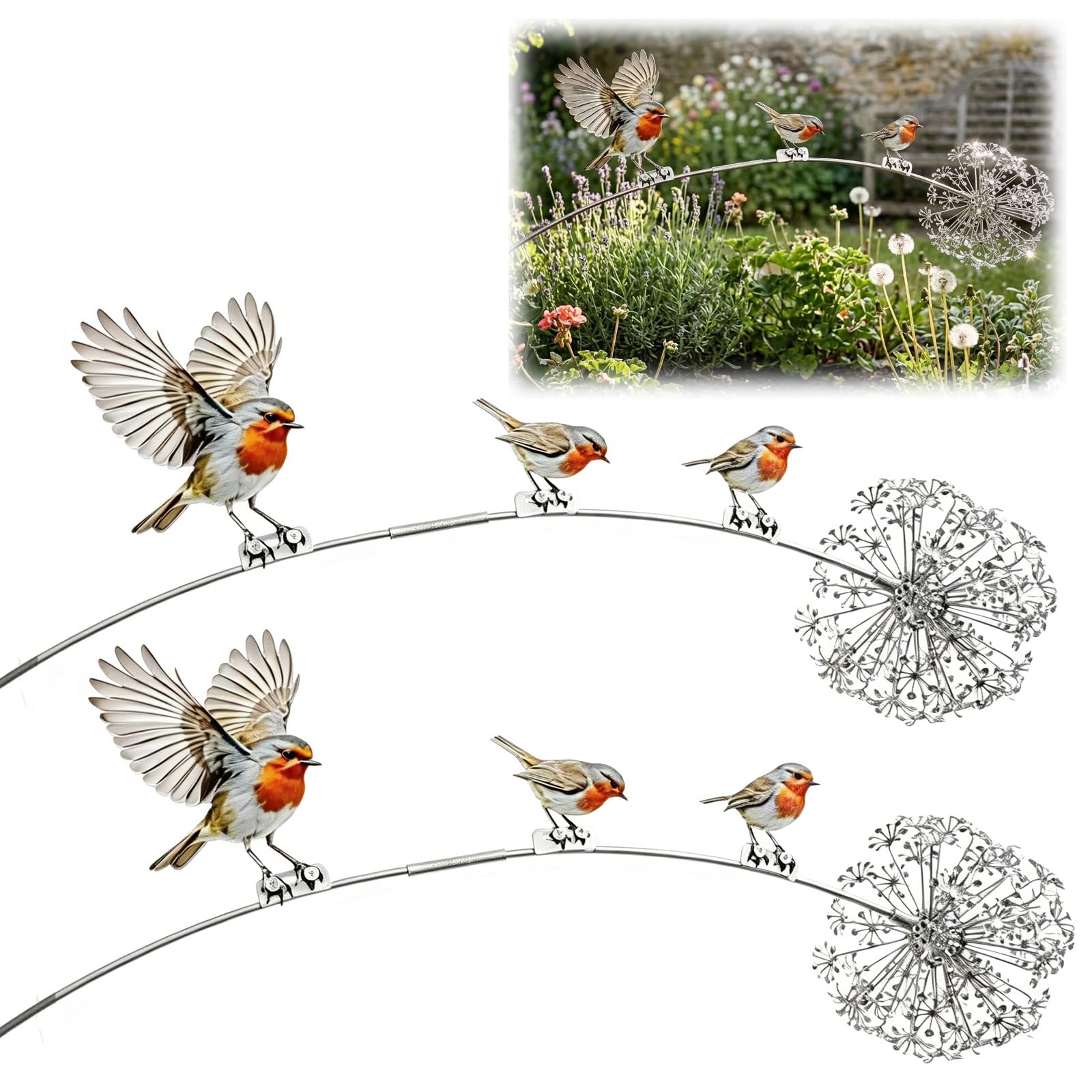 Vintage Robin Bird & Dandelion Metal Garden Stake, Rustic Robin Bird Yard Art Decorations,Metal Robins Bird Sculpture, Garden Ornaments, Weather Resistant for Lawn Patio Flower Bed Backyard (2p)