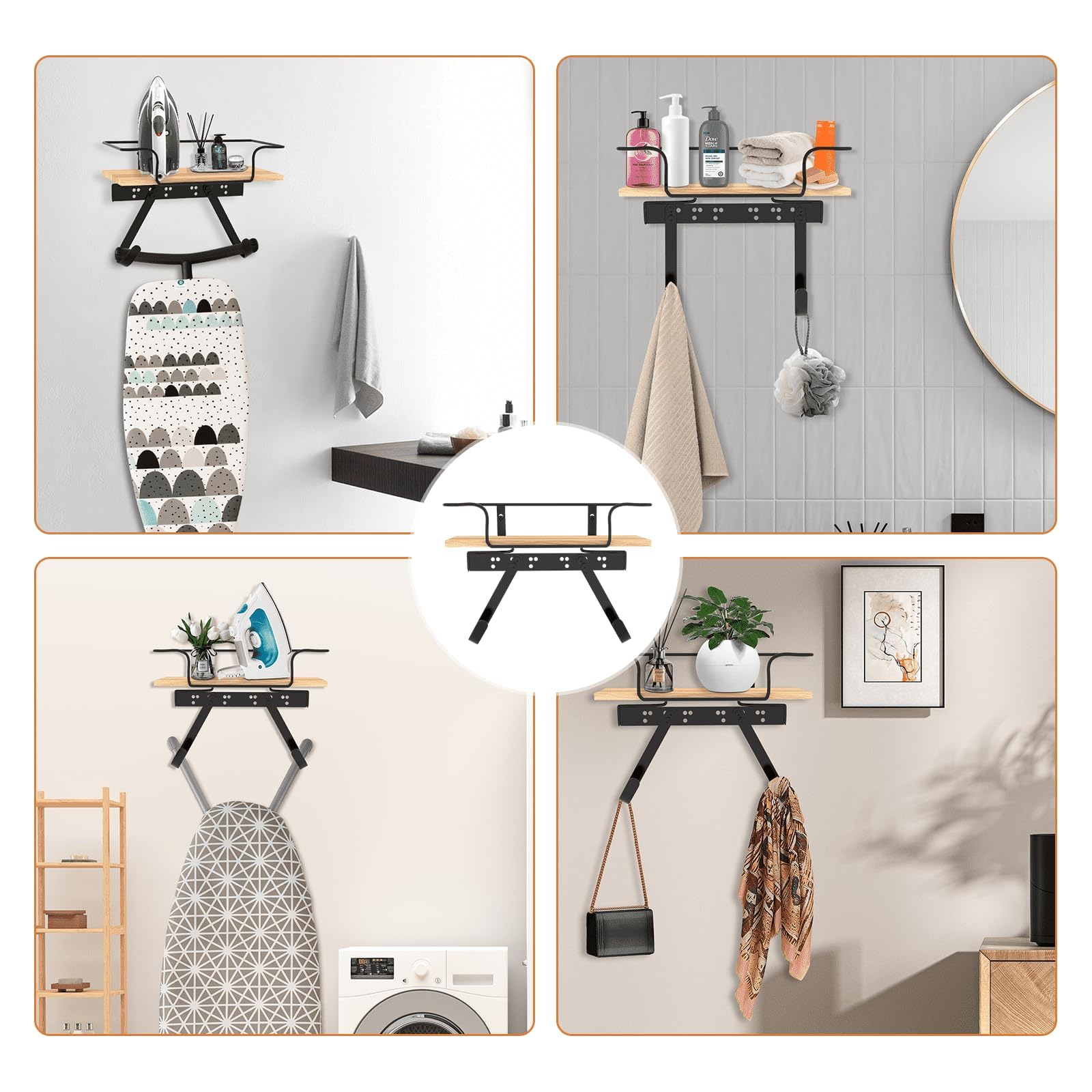 Percha para tabla de planchar para lavandería, soporte para plancha y tabla de planchar, cesta grande de madera y ganchos extraíbles, soporte de pared de metal