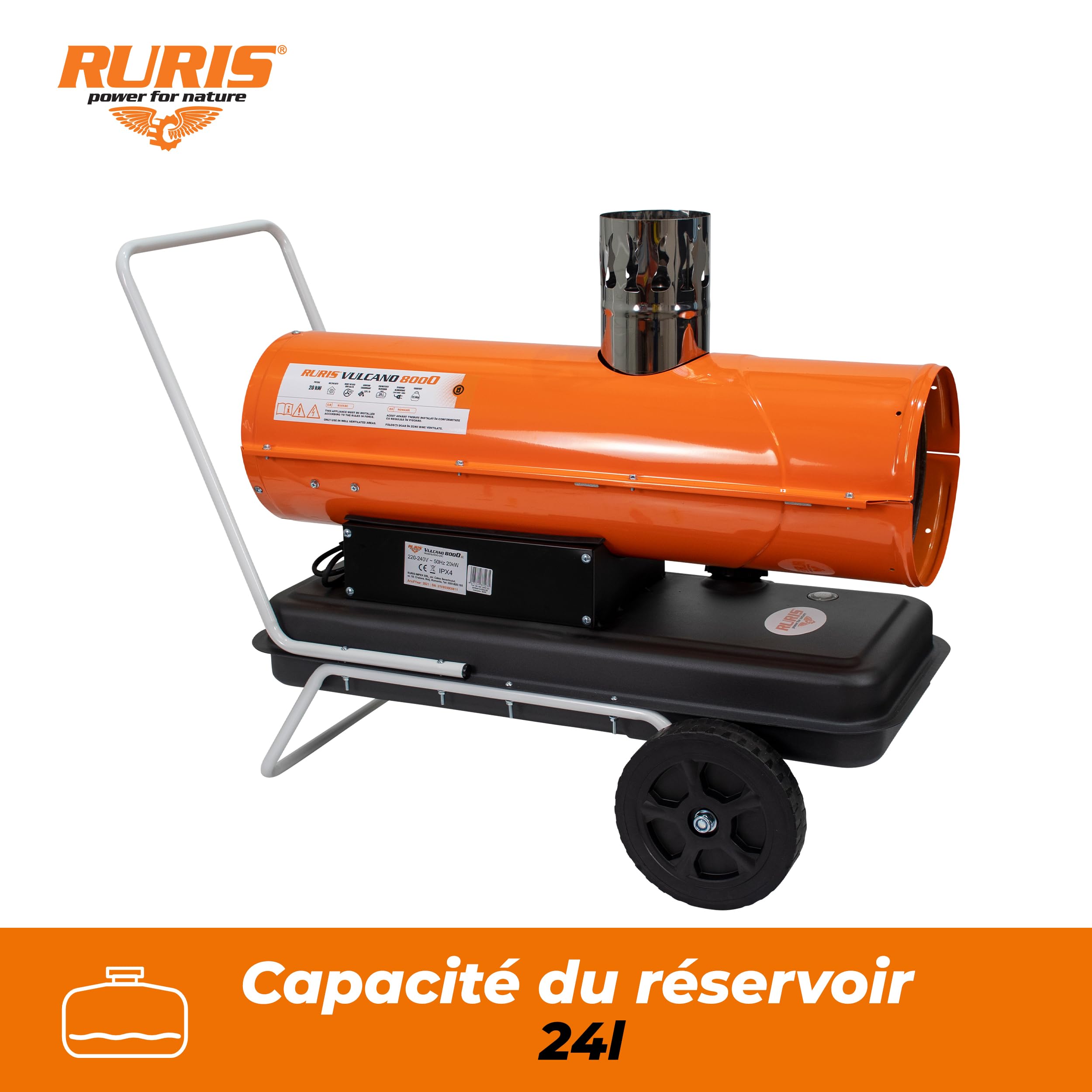 RURIS VULCANO 8000 20 kW, 68 240 BTU, regulowany termostat, zbiornik 24 l, mobilne ogrzewanie przemysłowe IPX4, 600 m³/h