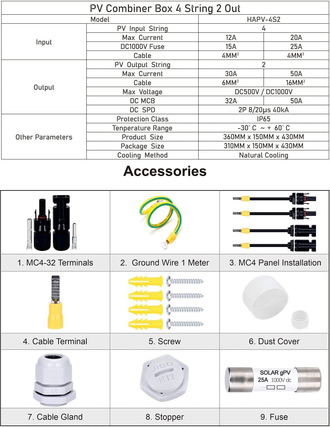 DIHOOL PV Solar Combiner Box with Lightning Surge Protector Arrester, 4 String 4 in 2 Out, 25A 500V DC Breaker Fuse Inline Box for 4 Arrays and 2 Inverters