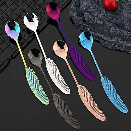 Miniatura 7 de JASHII 8 piezas de acero inoxidable 304 cuchara de café de plumas negras 4 y tenedor de aperitivo, 4 vajillas, mini utensilios de postre, cucharas