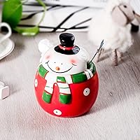 Vista 5 de Azucarero de cerámica con tapa y cuchara, elegante recipiente para azúcar con bonito diseño de muñeco de nieve navideño, decoraciones navideñas