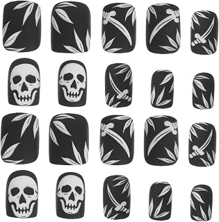 COLLBATH 24 St Halloween Kort Fyrkantiga Press Naglar med Skelettmotiv Självhäftande Plastfalska Naglar för Kvinnor och Tjejer Hållbara och Slitstarka Täckande Halloween Nageltips