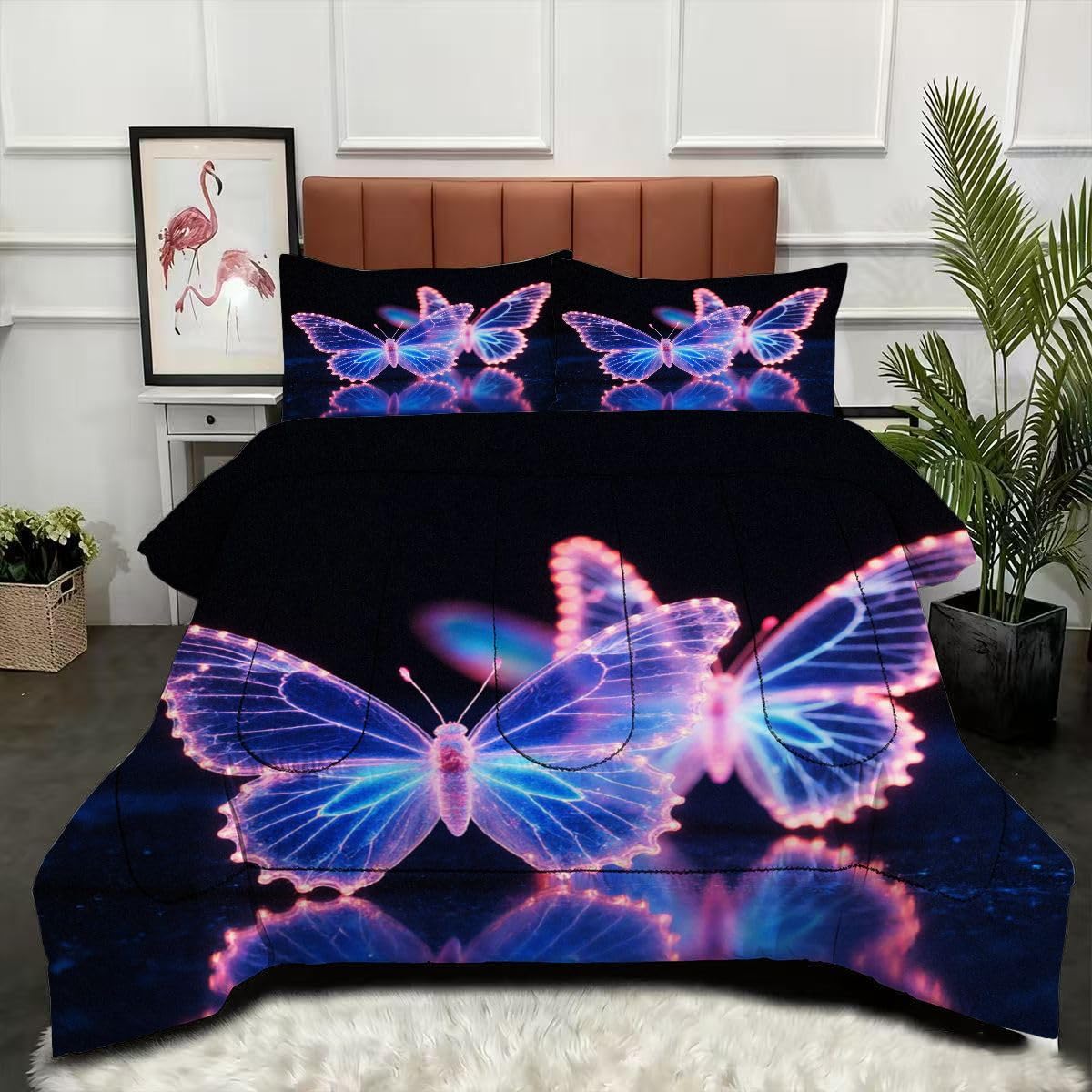 Couette 240 x 260 cm motif papillon en microfibre lavable avec 2 taies d'oreiller