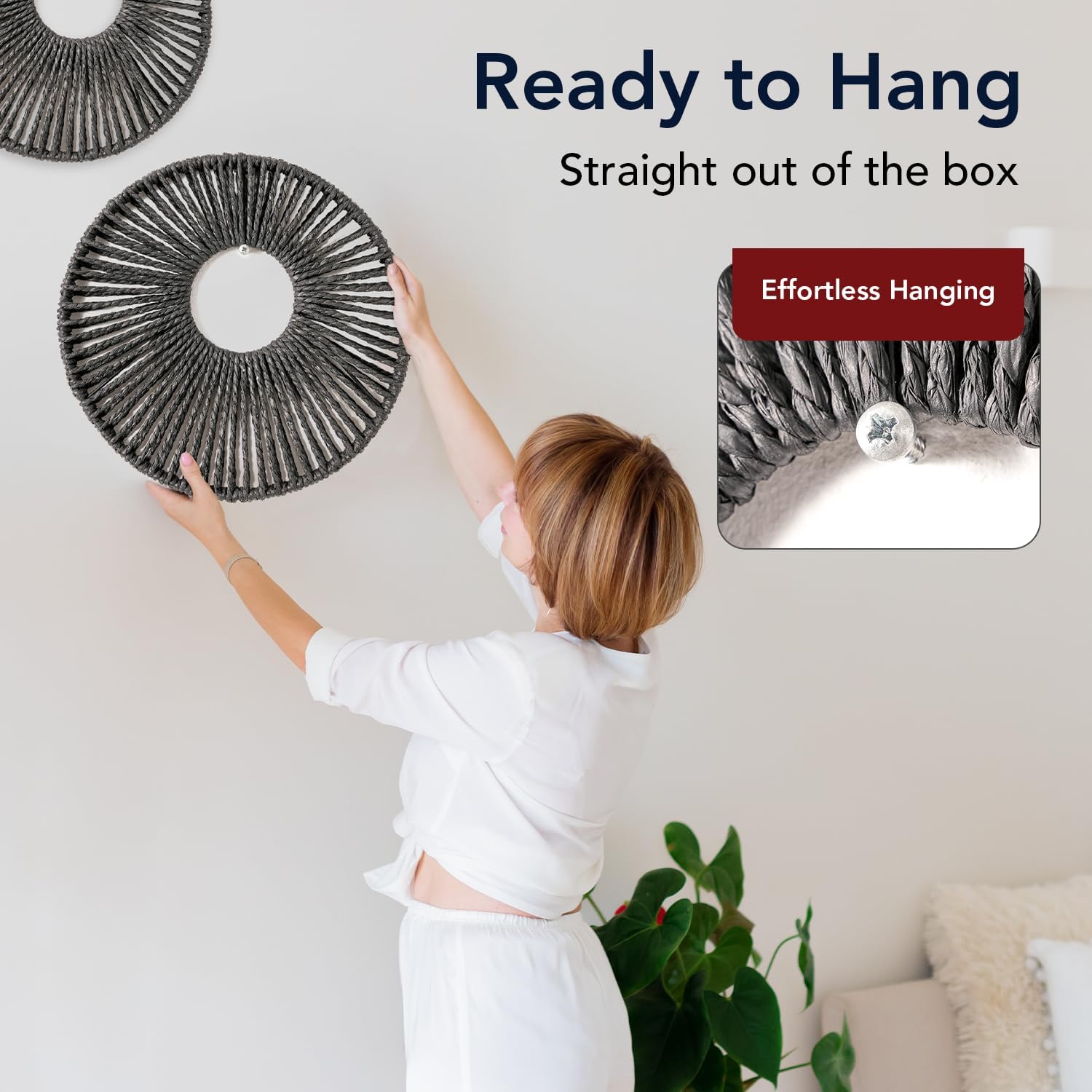 American Art Decor Round Paper Rope Wall Decor Set of 3, Black - Boho Wall Art, Farmhouse Basket Style