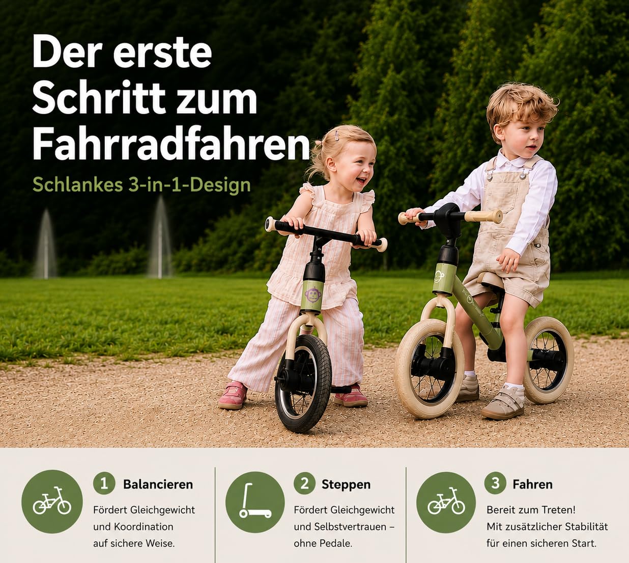 Kidcruiser Pedalplay laufrad ab 2 Jahre, ideal zum Radfahren Lernen, 3‑in‑1 mit LED Stützrädern & Pedalen, besonders robustem Modulrahmen