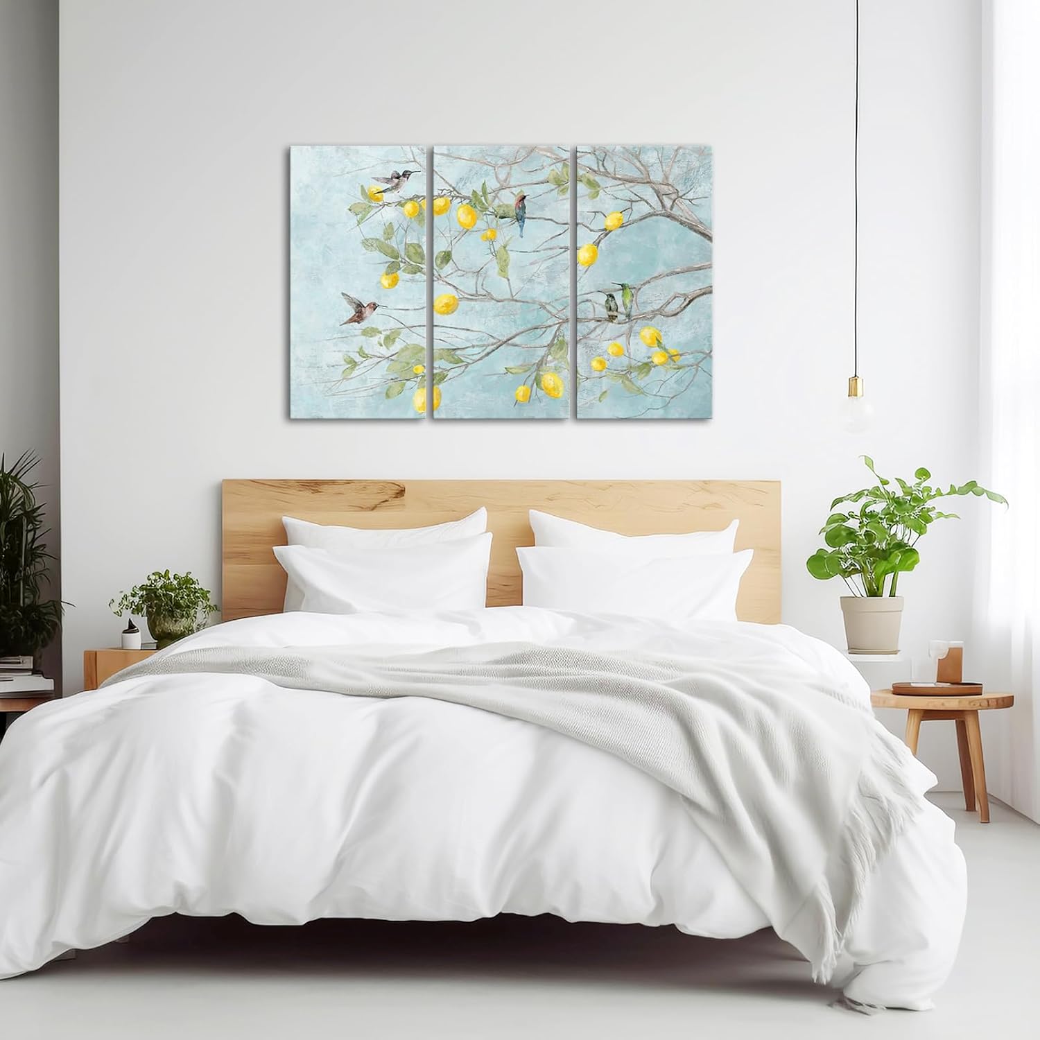LyerArtork 3 Panels Hummingbird Painting Wall Art Canvas Prints Birds on Lemon Tree Branches Contemporary Rustic Picture Yellow Blue Art for Living Room Kitchen Office 16"x32"x3
