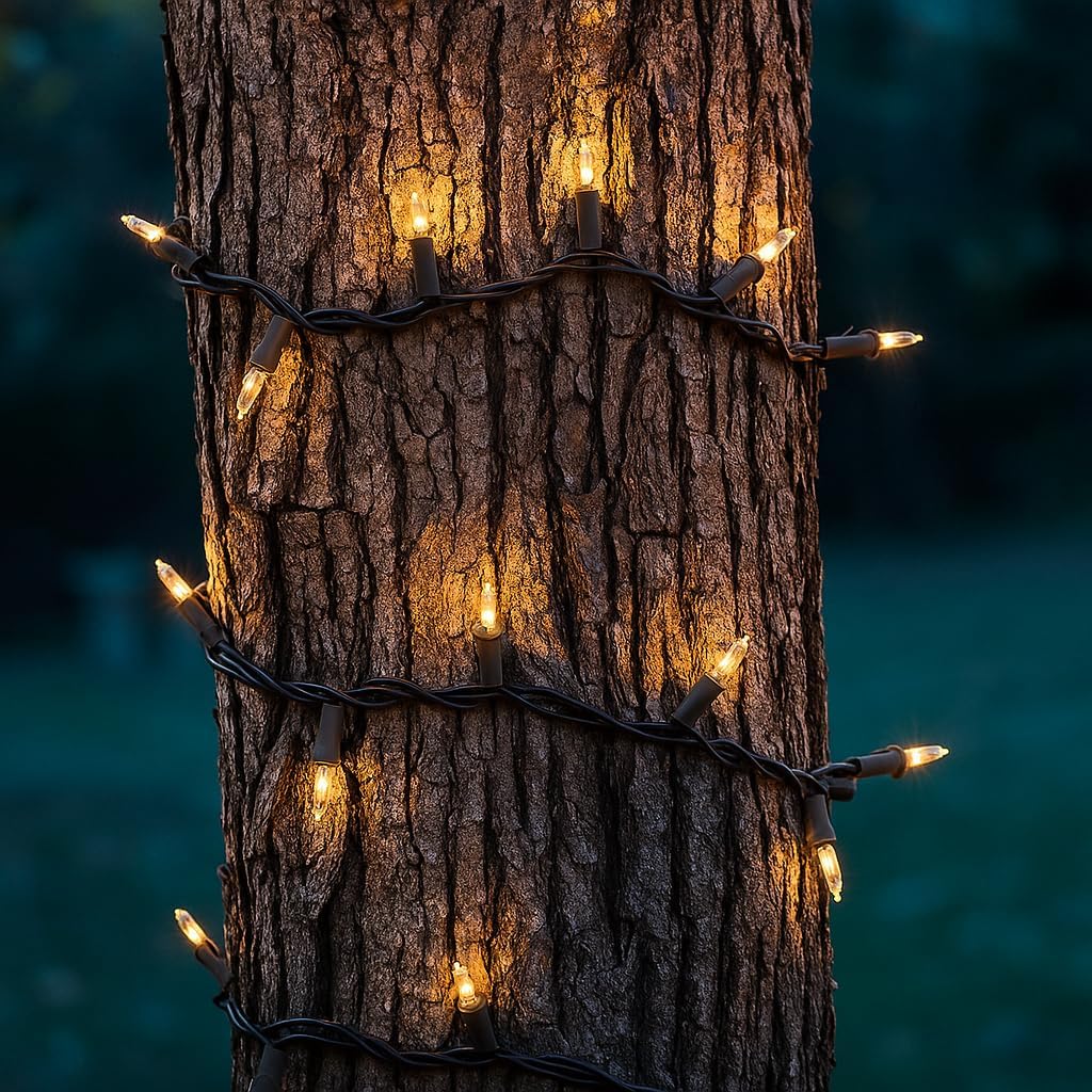 Novelty Lights 50 Feet 100 Bulbs Traditional Incandescent Mini Lights, Clear on Brown Wire with 6" Spacing, Commercial Grade and UL Listed for Indoor/Outdoor Use, End-to-End Connectable